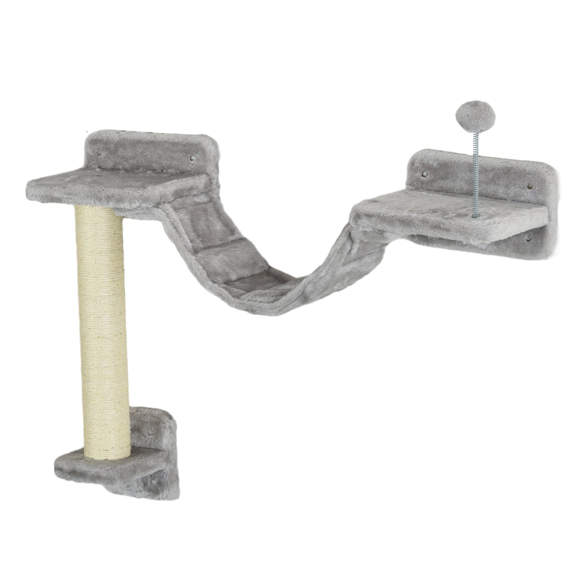 PawHut Cat Wall Shelves, 5PCs Cat Shelves with Scratching Post, Perches, Bridge, Steps, Condo, Hammock, Wall Mounted Cat Climber, Light Grey