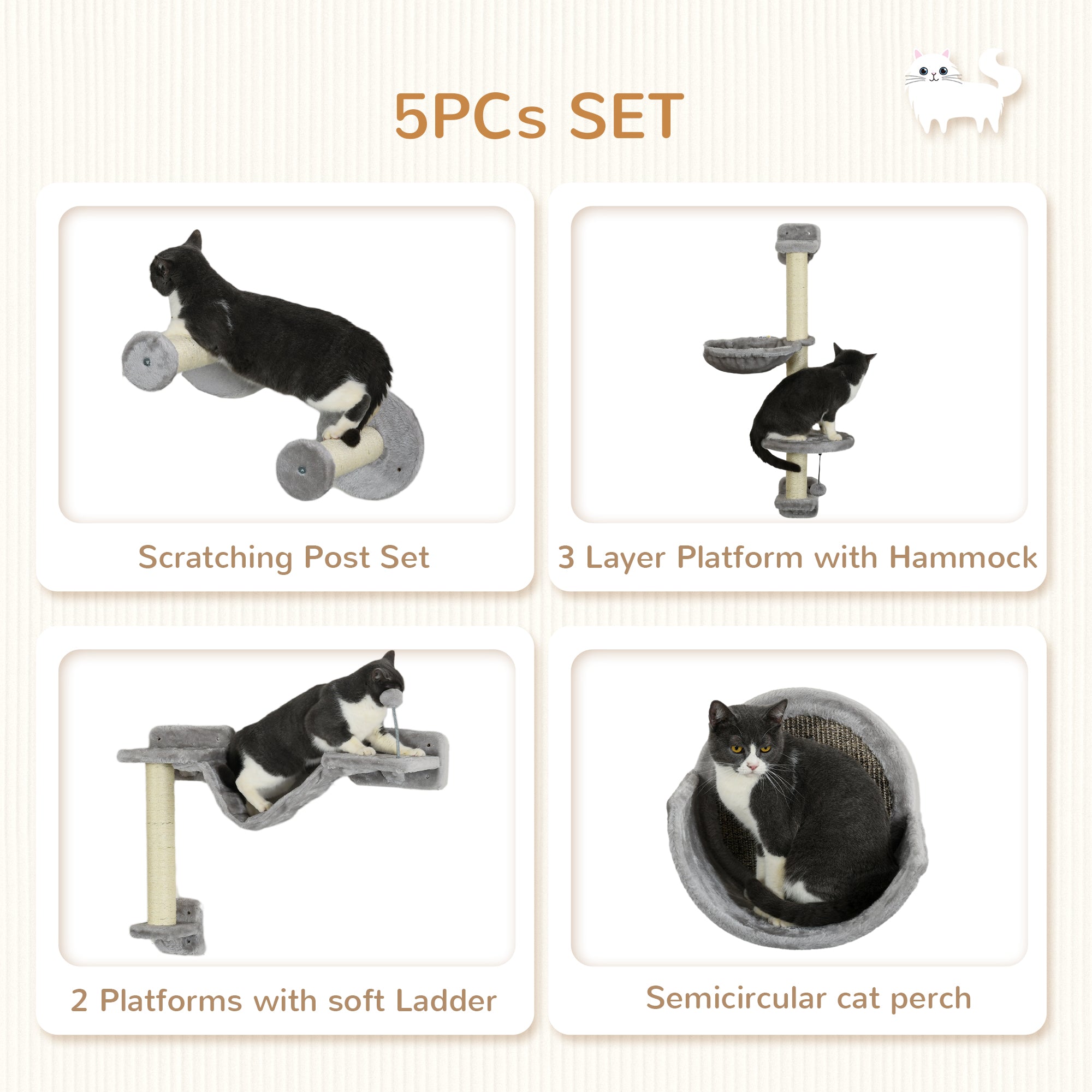 PawHut Cat Wall Shelves, 5PCs Cat Shelves with Scratching Post, Perches, Bridge, Steps, Condo, Hammock, Wall Mounted Cat Climber, Light Grey