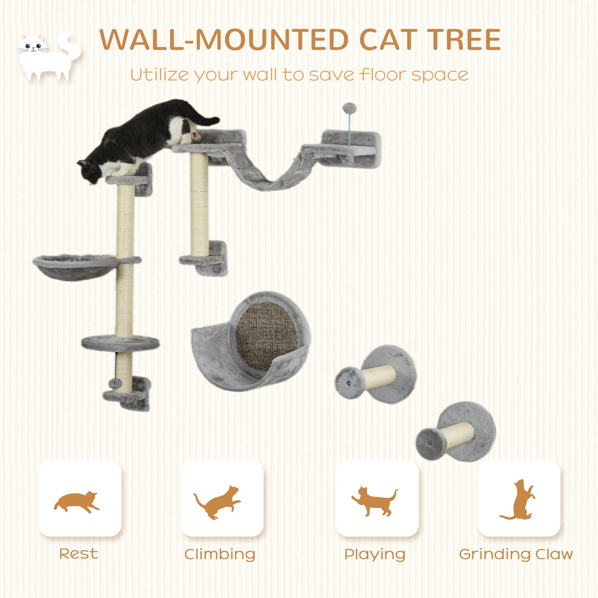 PawHut Cat Wall Shelves, 5PCs Cat Shelves with Scratching Post, Perches, Bridge, Steps, Condo, Hammock, Wall Mounted Cat Climber, Light Grey