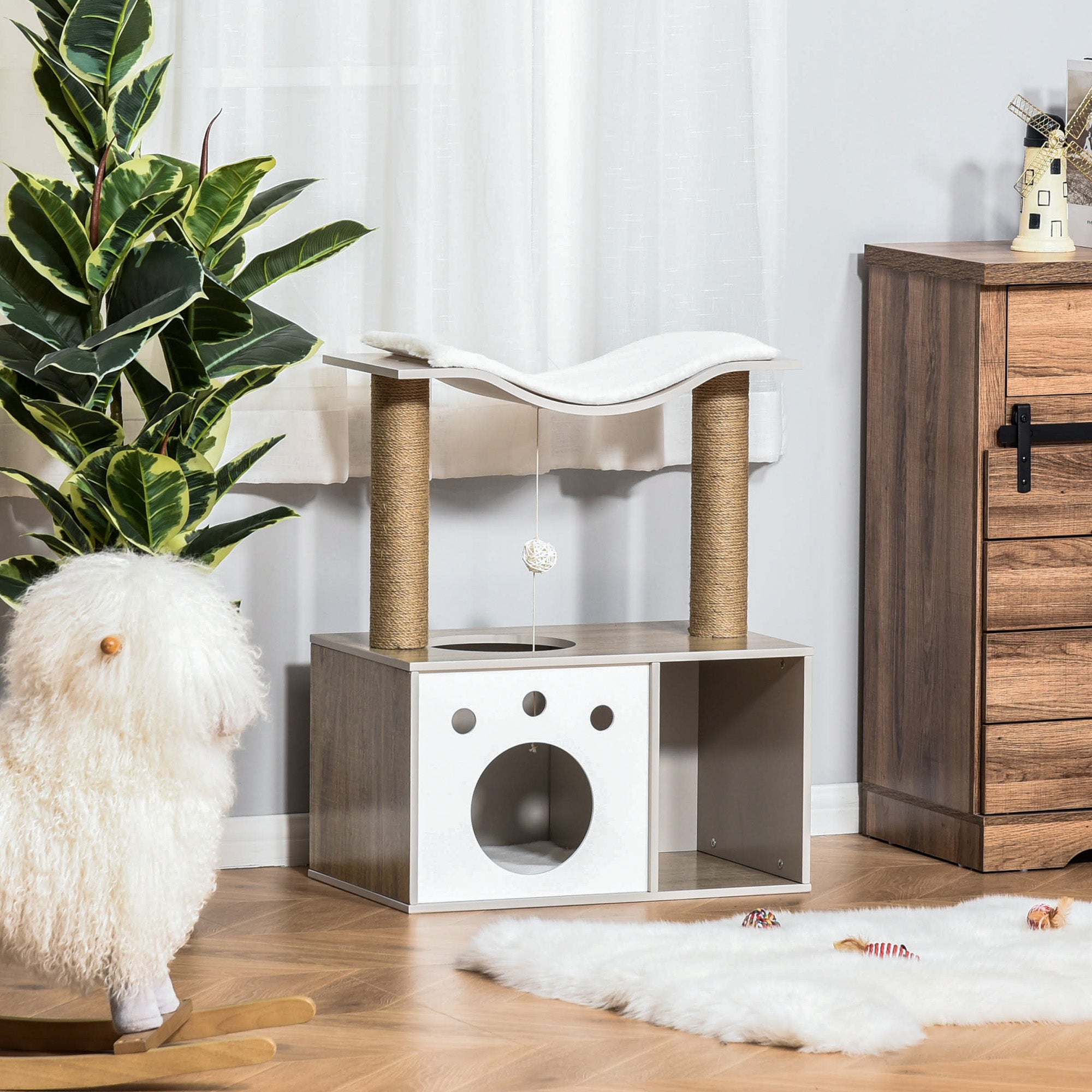 PawHut Cat Tree Tower for Indoor Cats 74cm Climbing Activity Centre Kitten with Jute Scratching Post Condo Perch Teasing Ball Toy 60 x 37 x 74cm