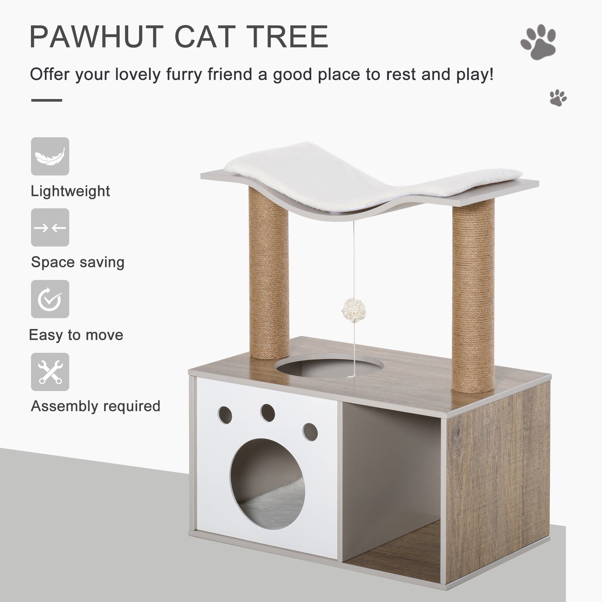 PawHut Cat Tree Tower for Indoor Cats 74cm Climbing Activity Centre Kitten with Jute Scratching Post Condo Perch Teasing Ball Toy 60 x 37 x 74cm