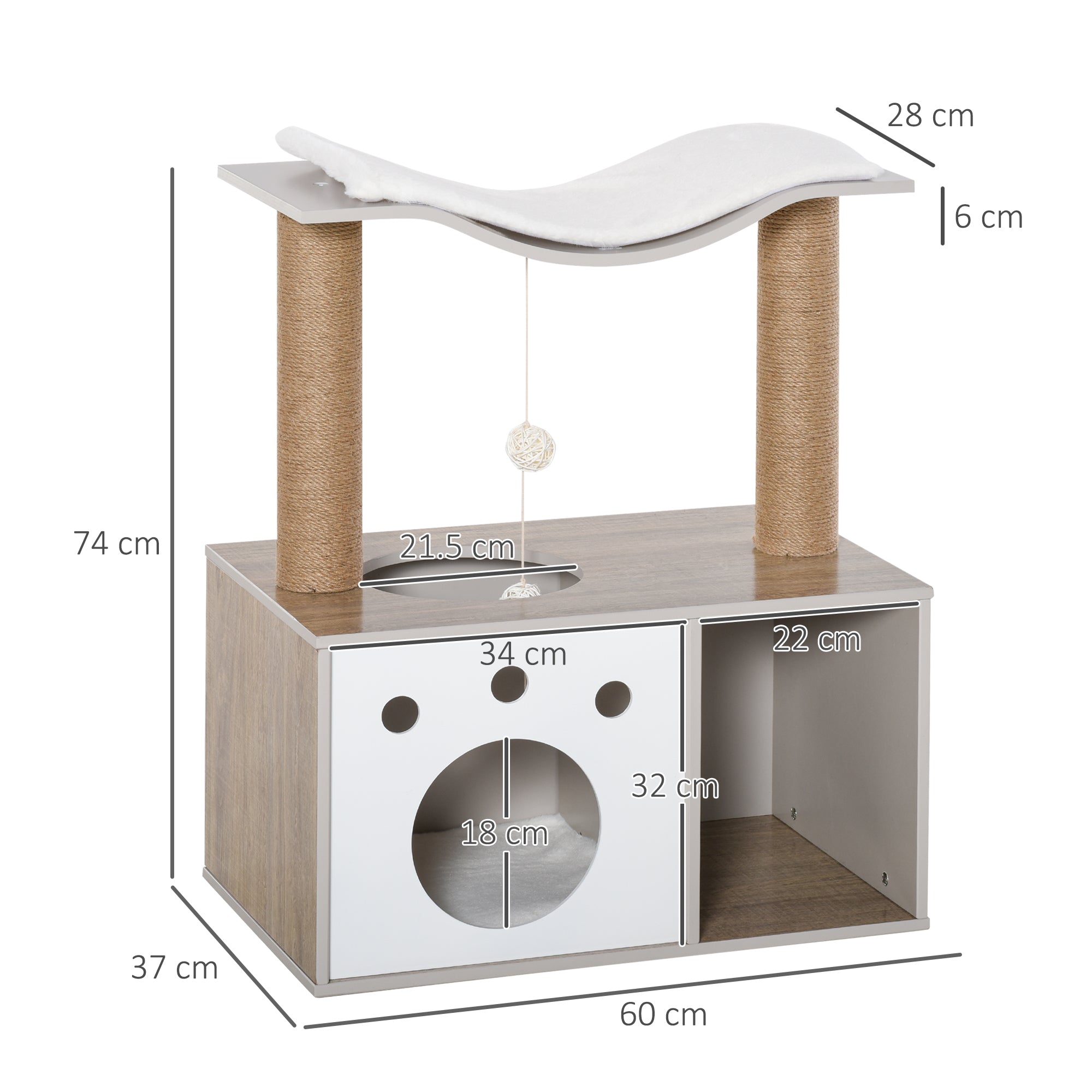 PawHut Cat Tree Tower for Indoor Cats 74cm Climbing Activity Centre Kitten with Jute Scratching Post Condo Perch Teasing Ball Toy 60 x 37 x 74cm