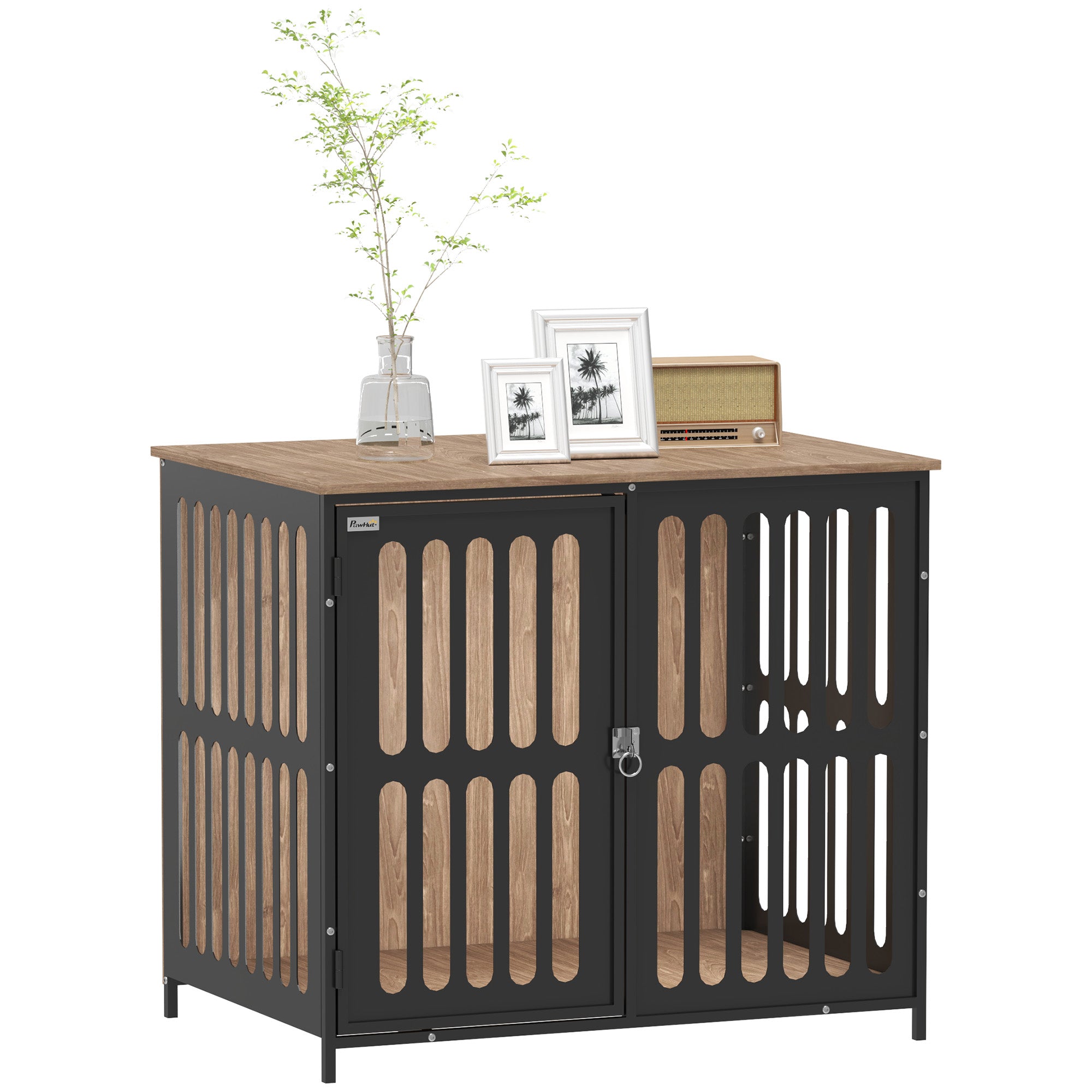 PawHut Dog Crate Furniture, Dog Cage Side End Table Indoor with Anti-Chew Resistant Mesh, Anti-Escape Door, for Medium Dogs, 80 x 55 x 72 cm, Walnut Brown