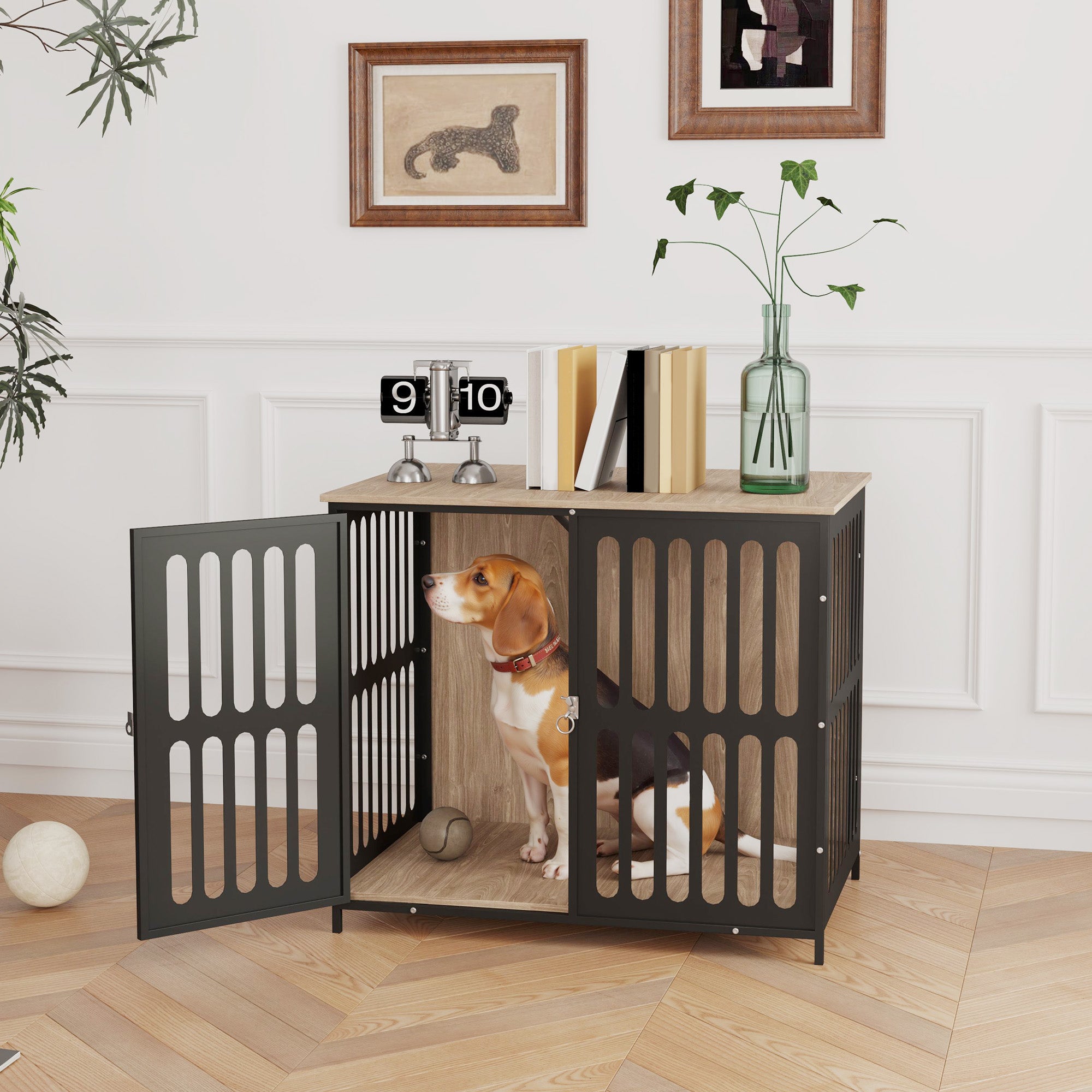 PawHut Dog Crate Furniture, Dog Cage Side End Table Indoor with Anti-Chew Resistant Mesh, Anti-Escape Door, for Medium Dogs, 80 x 55 x 72 cm, Walnut Brown