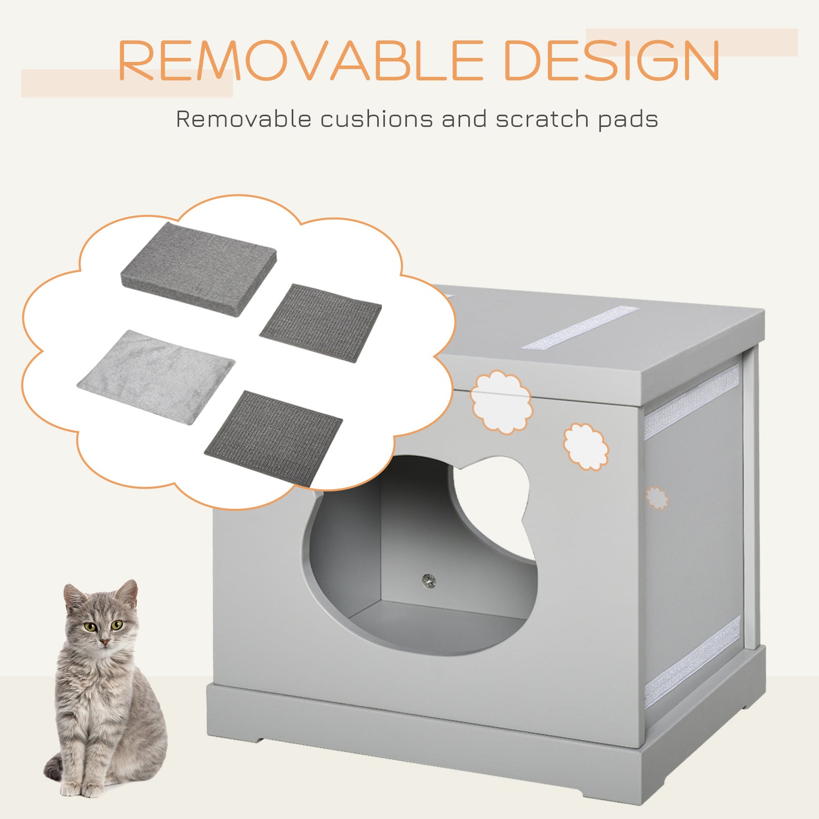PawHut Indoor Cat Bed with Soft Padded Cushions, Cute Coverd Cat Cube House with 2 Exterior Scratching Boards, Cat Cave for Kittens Small Cats, Grey