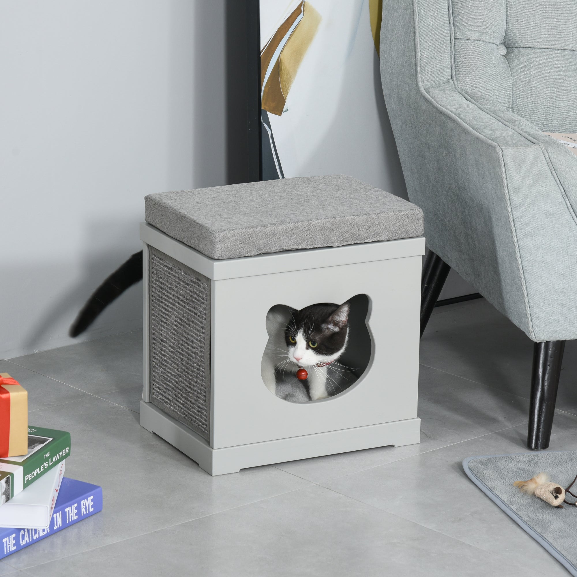 PawHut Cat House Bed Cat Scratching Cube for Small Cat Pet Furniture with Removable Scratching Pad and Soft Cushion Grey