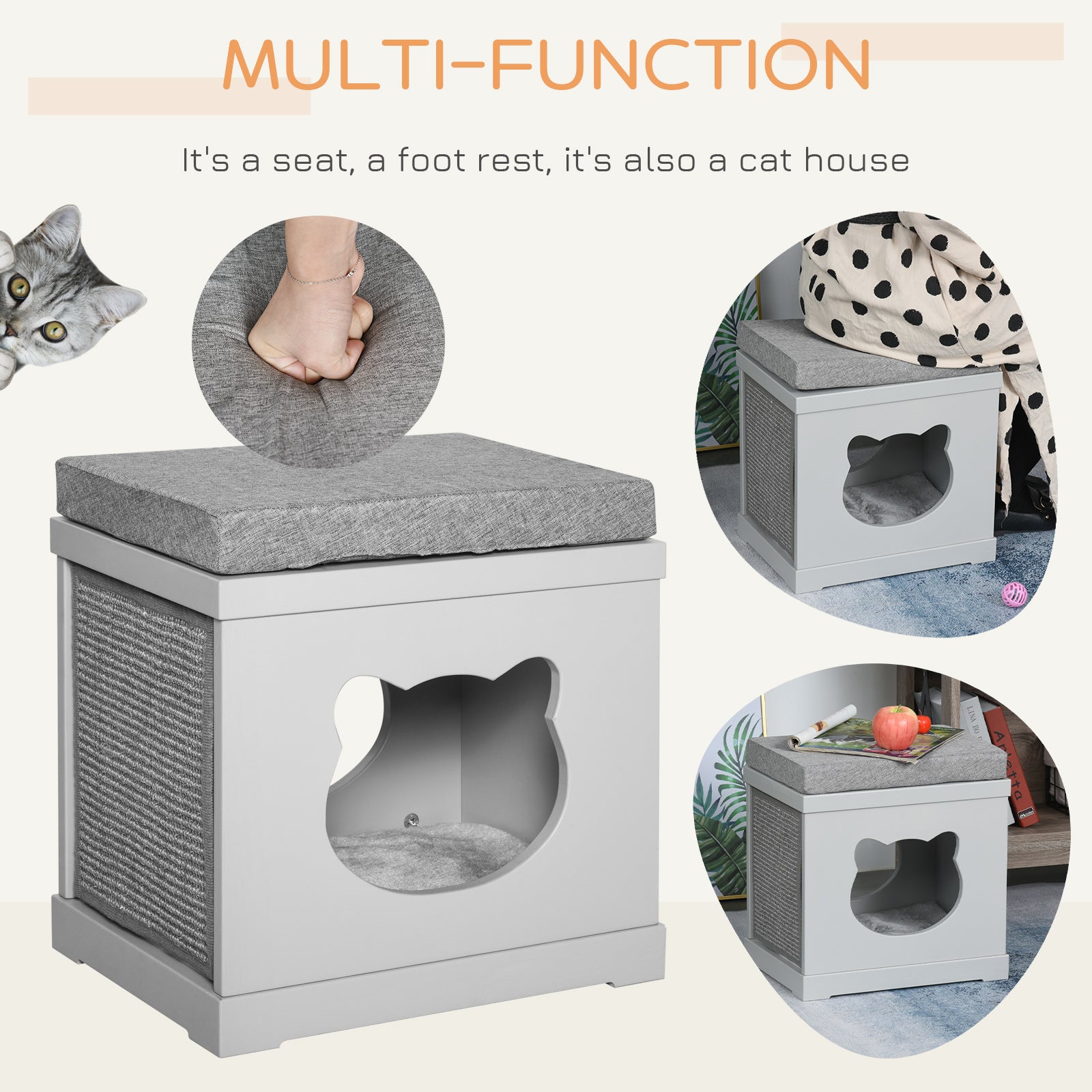 PawHut Indoor Cat Bed with Soft Padded Cushions, Cute Coverd Cat Cube House with 2 Exterior Scratching Boards, Cat Cave for Kittens Small Cats, Grey