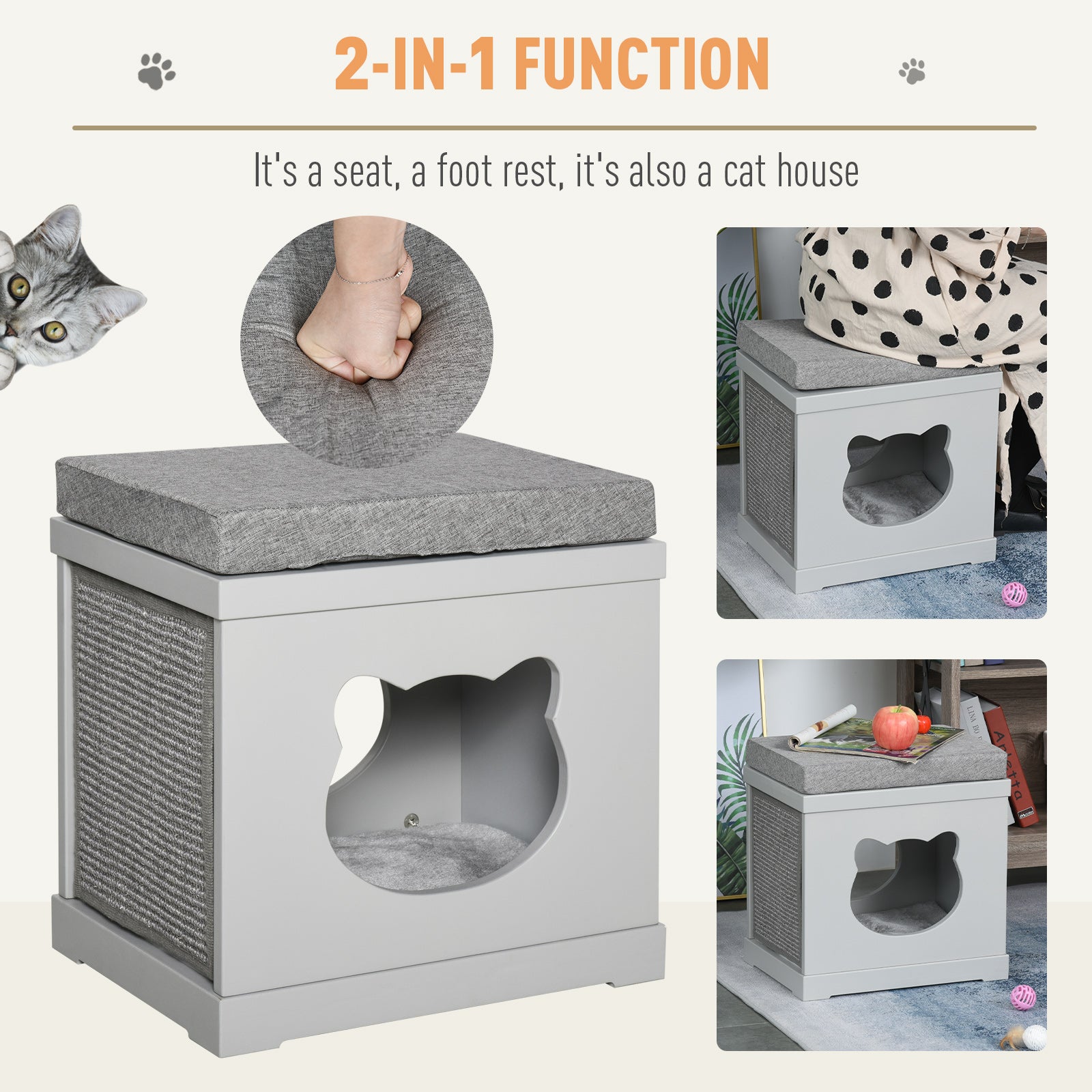 PawHut Cat House Bed Cat Scratching Cube for Small Cat Pet Furniture with Removable Scratching Pad and Soft Cushion Grey