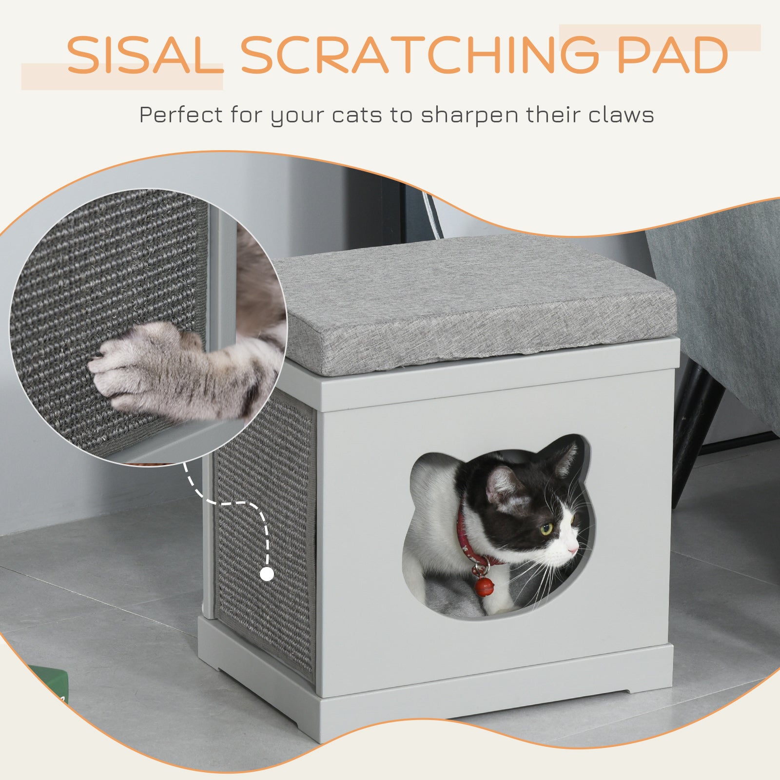 PawHut Indoor Cat Bed with Soft Padded Cushions, Cute Coverd Cat Cube House with 2 Exterior Scratching Boards, Cat Cave for Kittens Small Cats, Grey