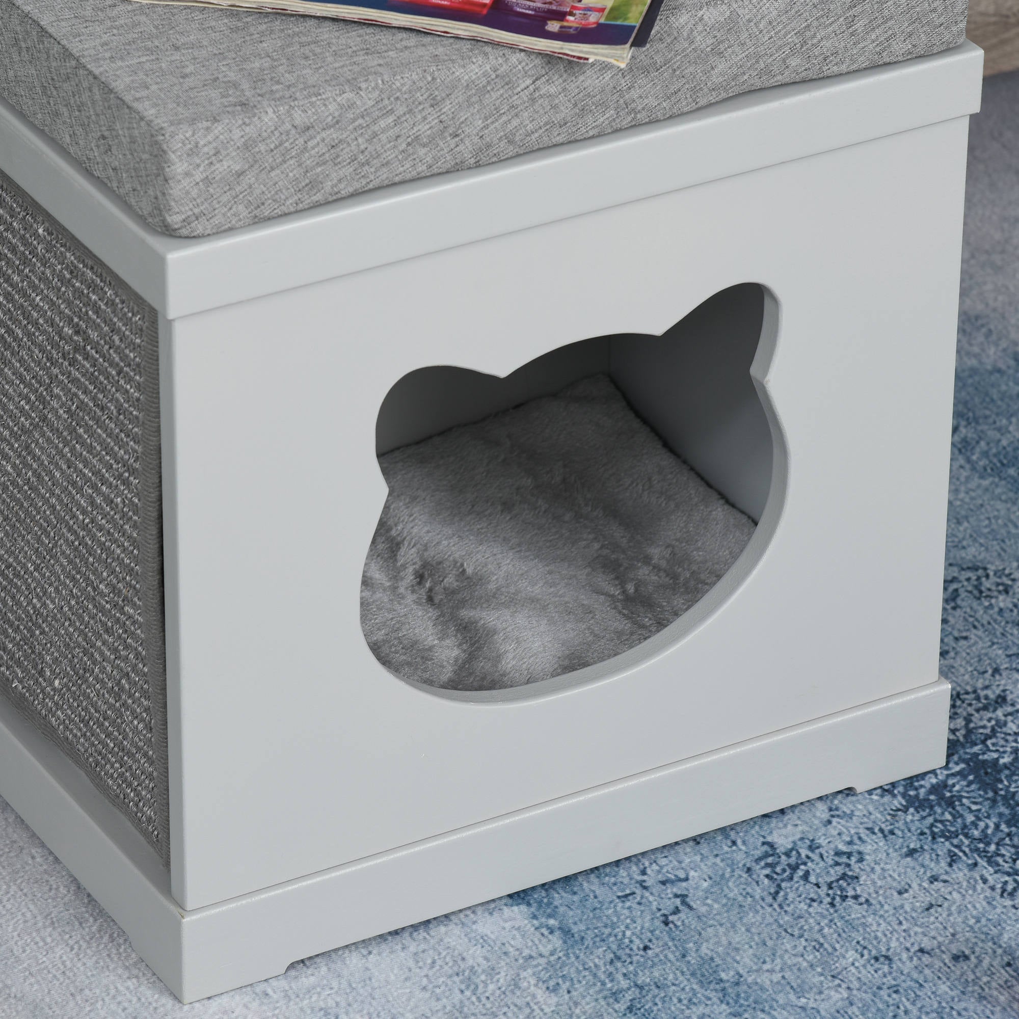 PawHut Indoor Cat Bed with Soft Padded Cushions, Cute Coverd Cat Cube House with 2 Exterior Scratching Boards, Cat Cave for Kittens Small Cats, Grey