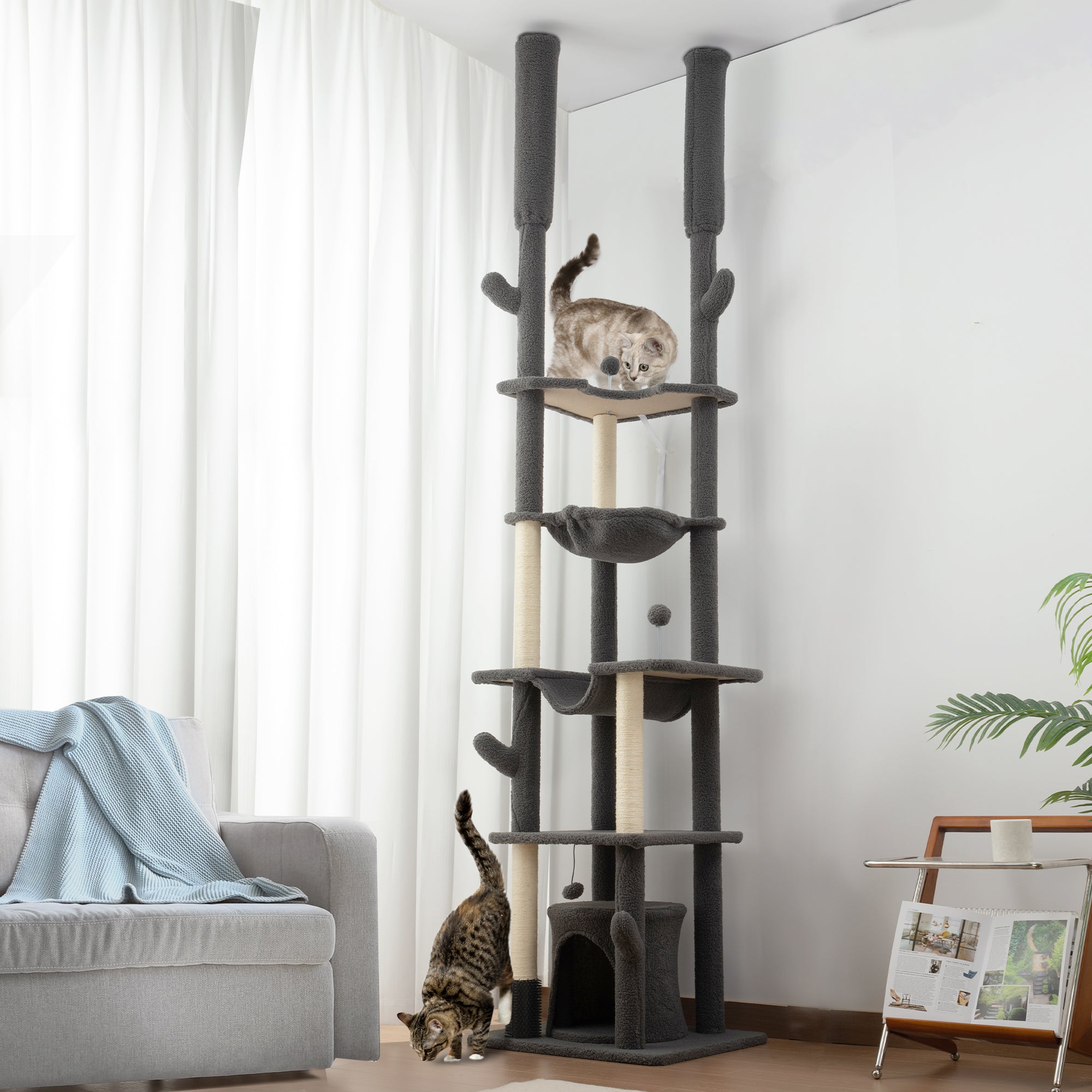PawHut Floor to Ceiling Cat Tree, 89"-100" Adjustable Height Cat Tower for Large Cats with Scratching Posts, Grooming Brush Post, Cat Condo, Perches, Hammocks, Balls, Grey