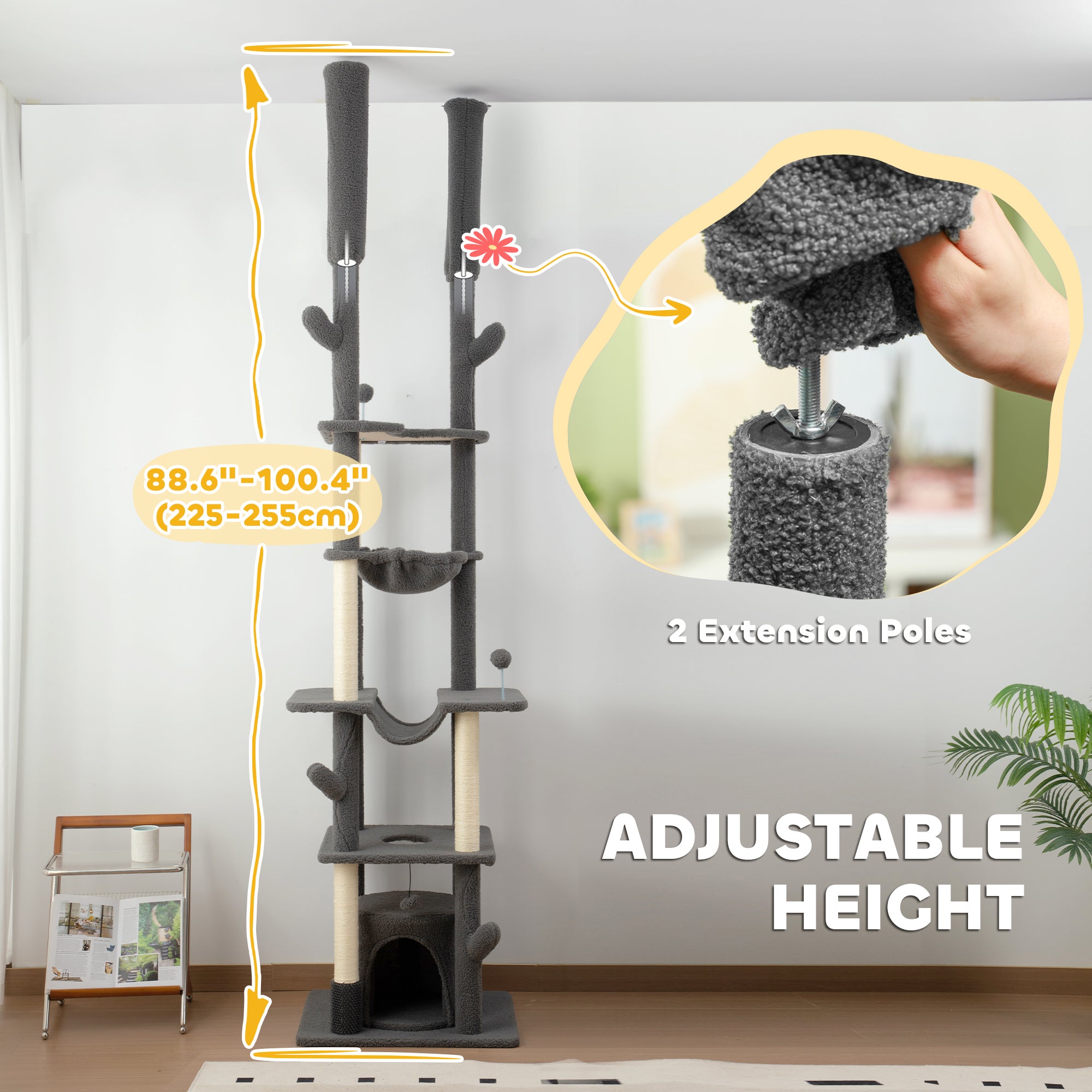 PawHut Floor to Ceiling Cat Tree, 89"-100" Adjustable Height Cat Tower for Large Cats with Scratching Posts, Grooming Brush Post, Cat Condo, Perches, Hammocks, Balls, Grey