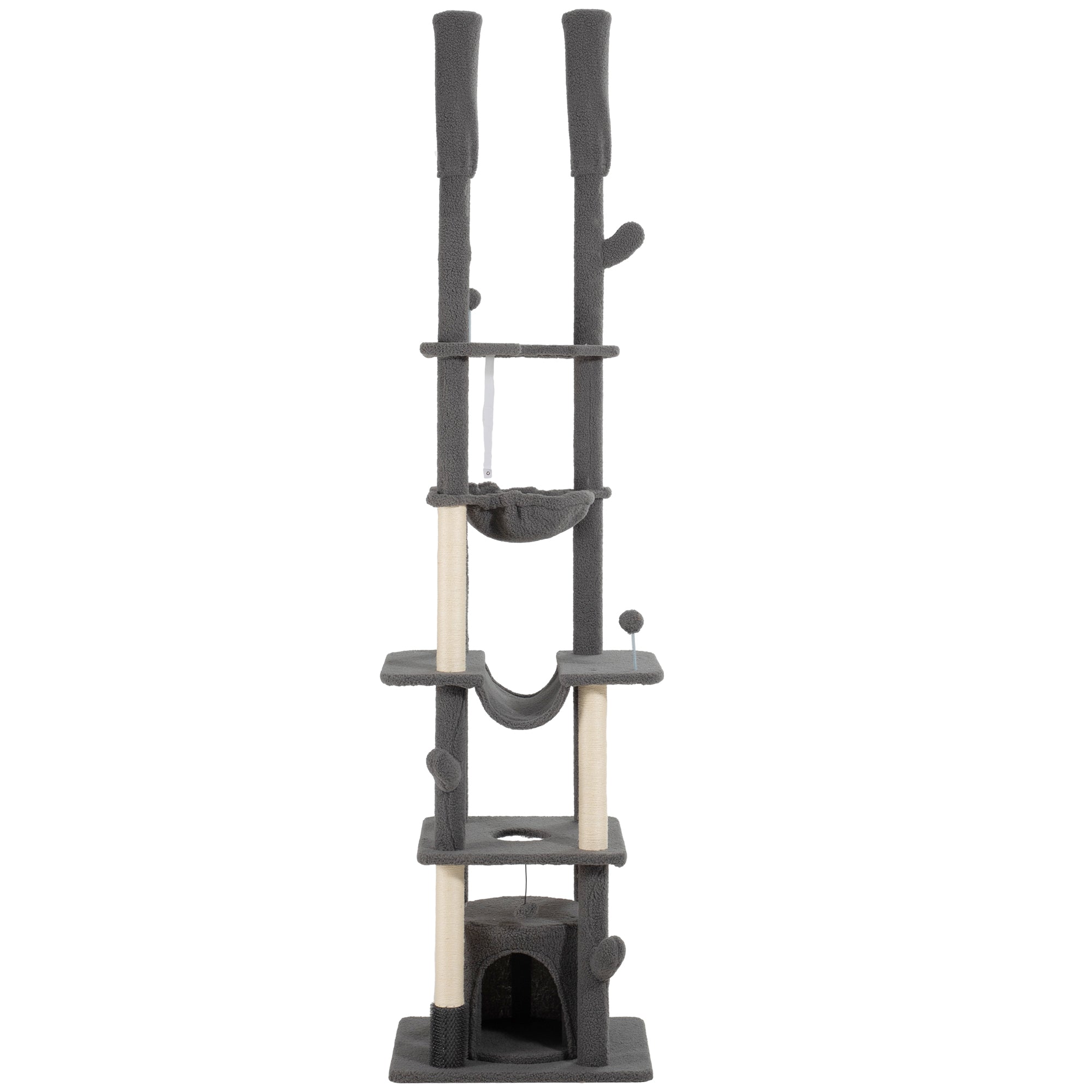 PawHut Floor to Ceiling Cat Tree, 89"-100" Adjustable Height Cat Tower for Large Cats with Scratching Posts, Grooming Brush Post, Cat Condo, Perches, Hammocks, Balls, Grey