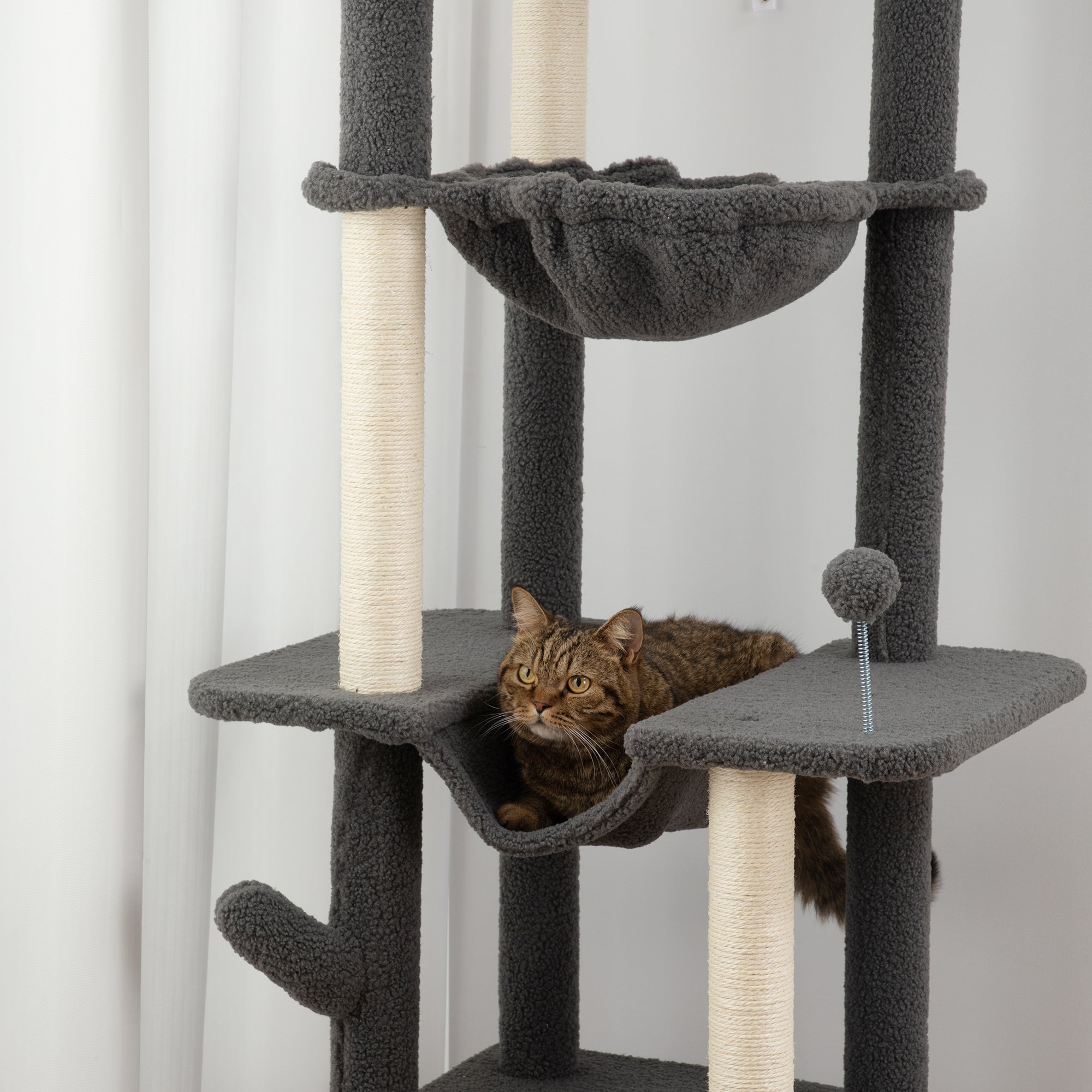 PawHut Floor to Ceiling Cat Tree, 89"-100" Adjustable Height Cat Tower for Large Cats with Scratching Posts, Grooming Brush Post, Cat Condo, Perches, Hammocks, Balls, Grey