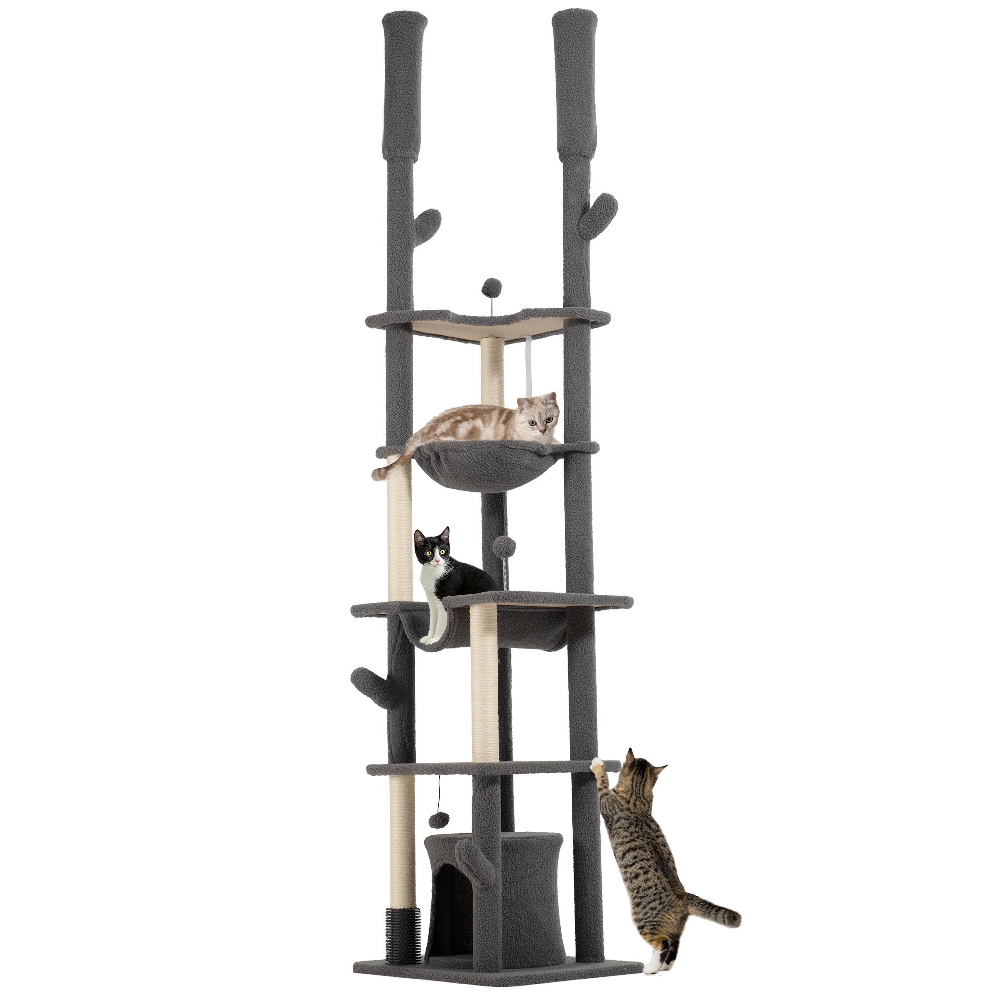PawHut Floor to Ceiling Cat Tree, 89"-100" Adjustable Height Cat Tower for Large Cats with Scratching Posts, Grooming Brush Post, Cat Condo, Perches, Hammocks, Balls, Grey