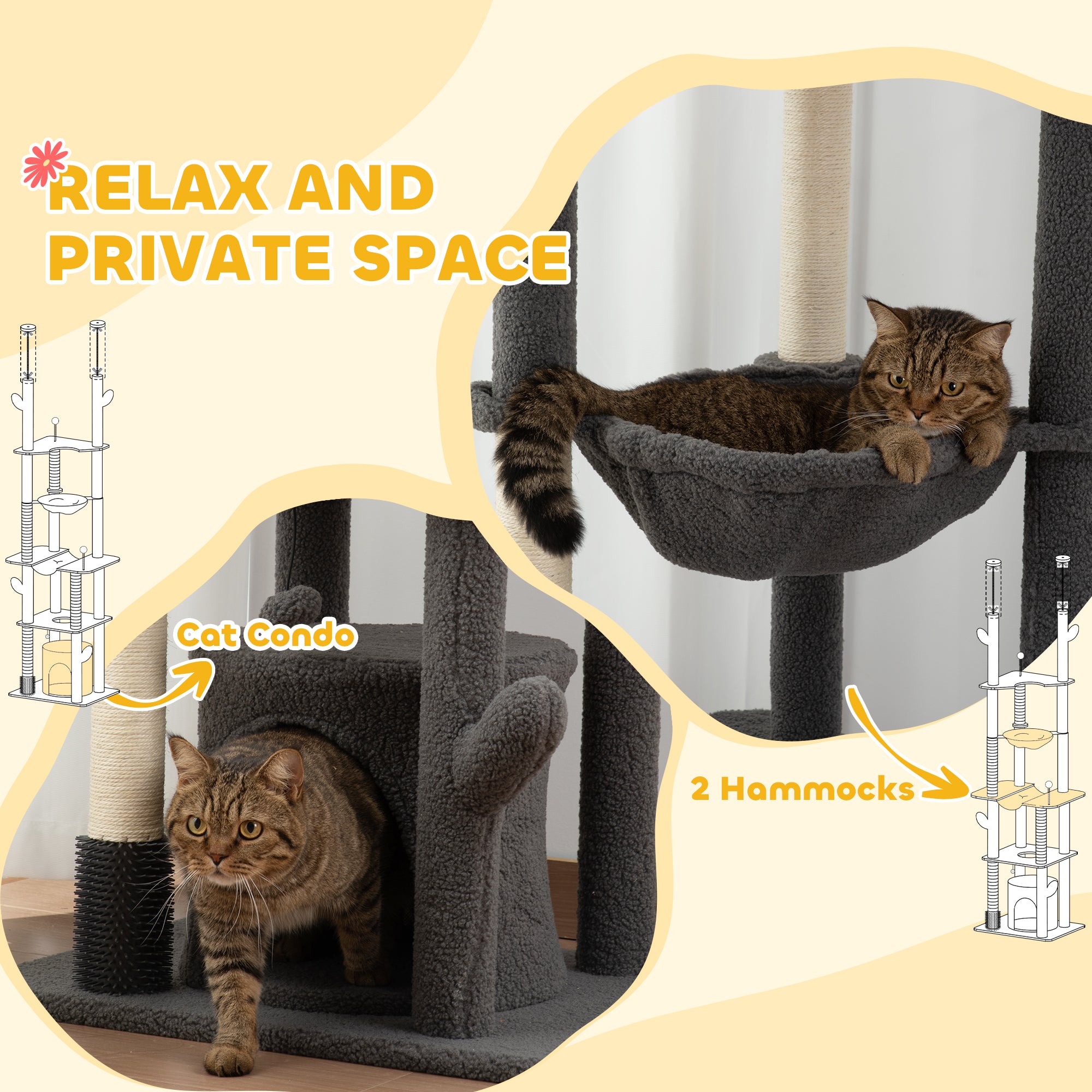 PawHut Floor to Ceiling Cat Tree, 89"-100" Adjustable Height Cat Tower for Large Cats with Scratching Posts, Grooming Brush Post, Cat Condo, Perches, Hammocks, Balls, Grey
