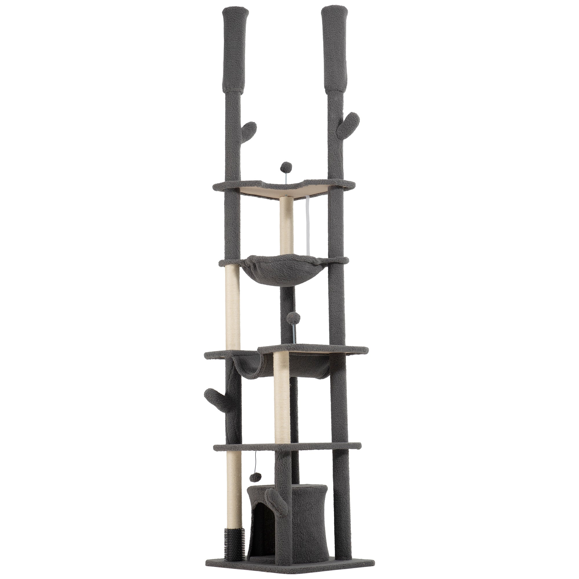PawHut Floor to Ceiling Cat Tree, 89"-100" Adjustable Height Cat Tower for Large Cats with Scratching Posts, Grooming Brush Post, Cat Condo, Perches, Hammocks, Balls, Grey