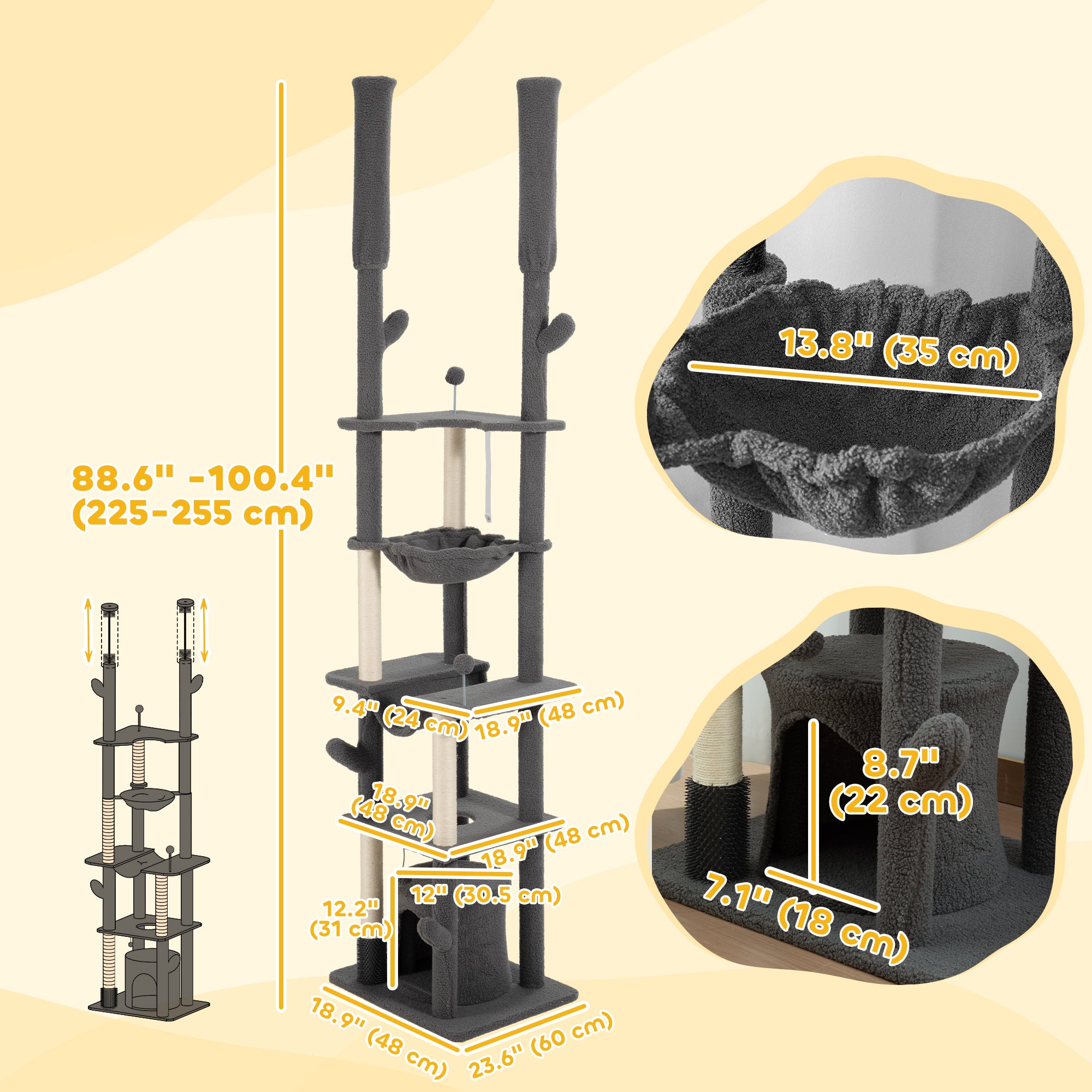 PawHut Floor to Ceiling Cat Tree, 89"-100" Adjustable Height Cat Tower for Large Cats with Scratching Posts, Grooming Brush Post, Cat Condo, Perches, Hammocks, Balls, Grey