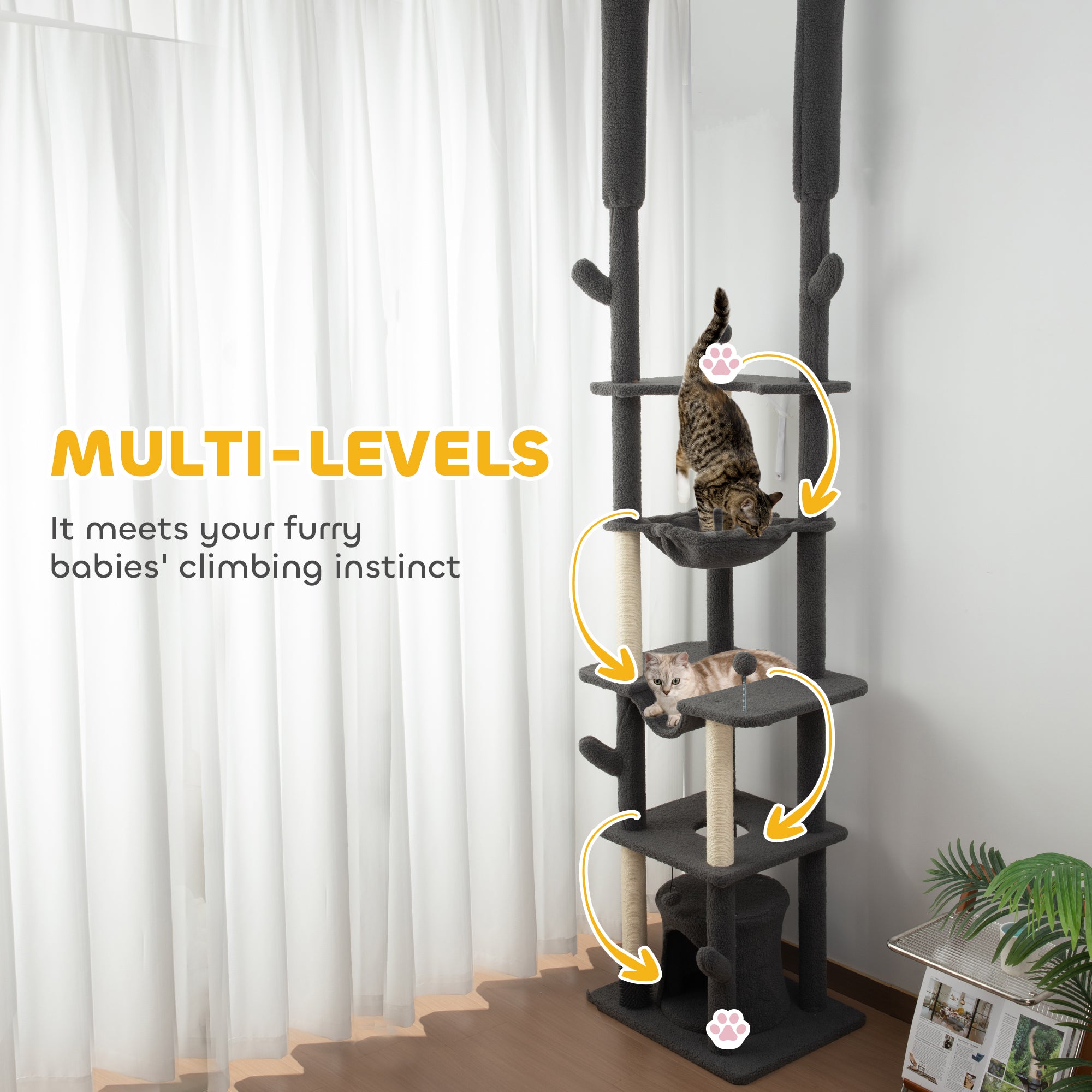 PawHut Floor to Ceiling Cat Tree, 89"-100" Adjustable Height Cat Tower for Large Cats with Scratching Posts, Grooming Brush Post, Cat Condo, Perches, Hammocks, Balls, Grey