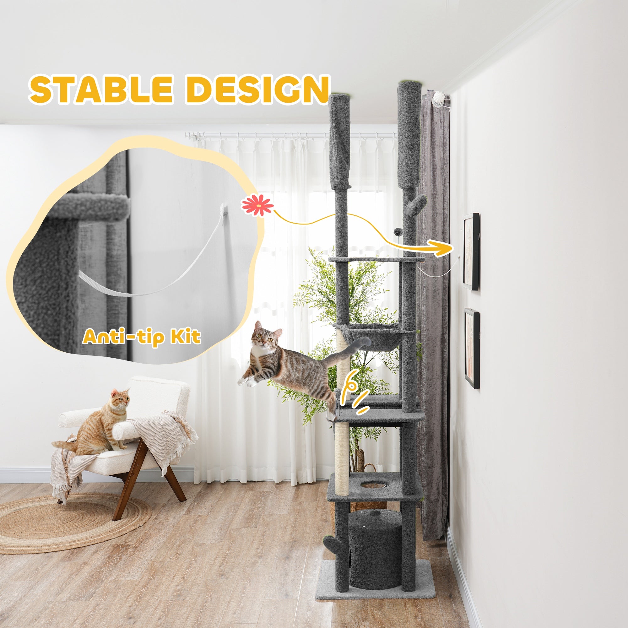 PawHut Floor to Ceiling Cat Tree, 89"-100" Adjustable Height Cat Tower for Large Cats with Scratching Posts, Grooming Brush Post, Cat Condo, Perches, Hammocks, Balls, Grey