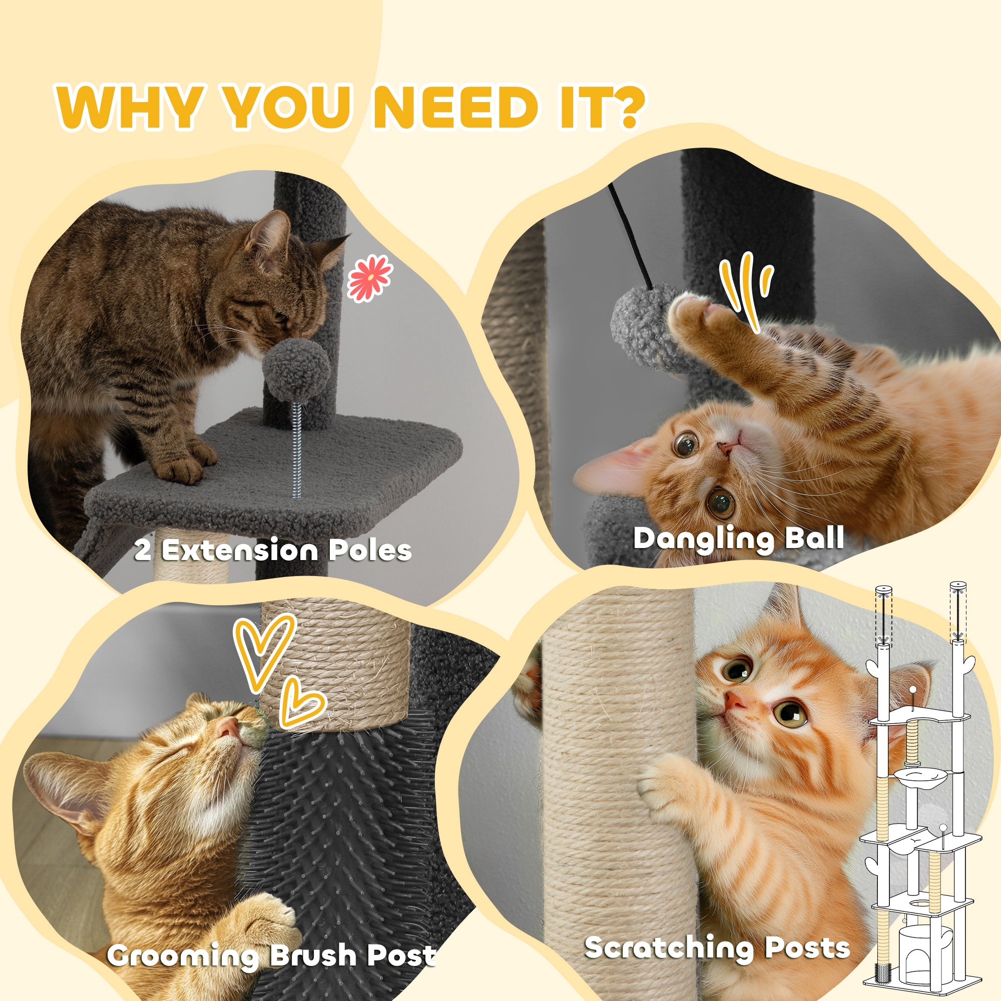 PawHut Floor to Ceiling Cat Tree, 89"-100" Adjustable Height Cat Tower for Large Cats with Scratching Posts, Grooming Brush Post, Cat Condo, Perches, Hammocks, Balls, Grey