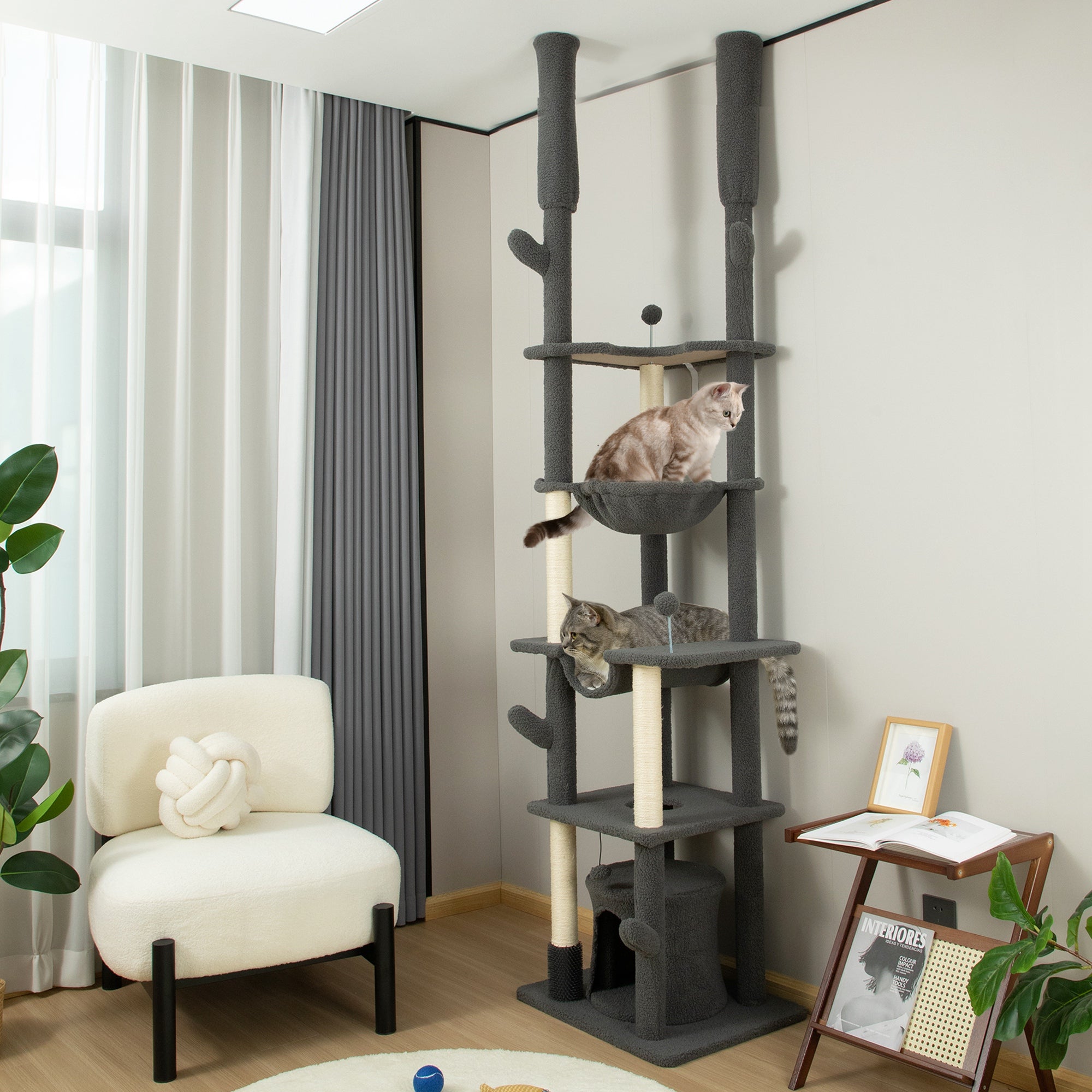 PawHut Floor to Ceiling Cat Tree, 89"-100" Adjustable Height Cat Tower for Large Cats with Scratching Posts, Grooming Brush Post, Cat Condo, Perches, Hammocks, Balls, Grey
