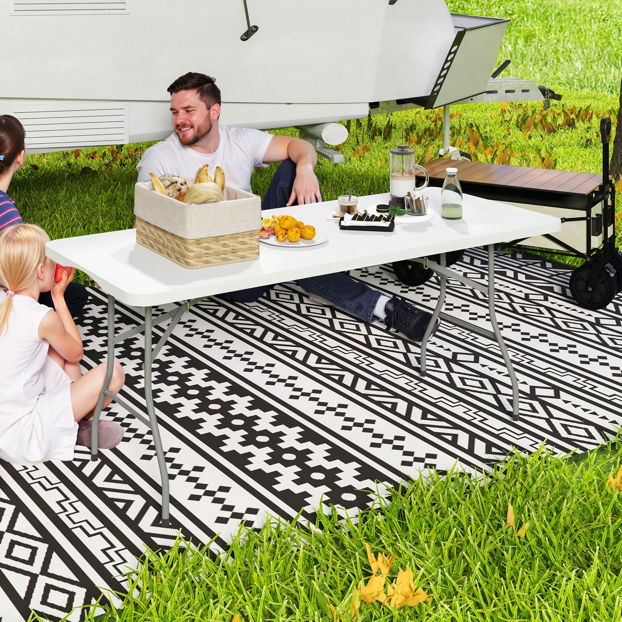 Outsunny 6ft Folding Table, Portable Plastic Camping Table with Carrying Handle, Outdoor Indoor Picnic Table for Camping, Picnic, Party, BBQ, White