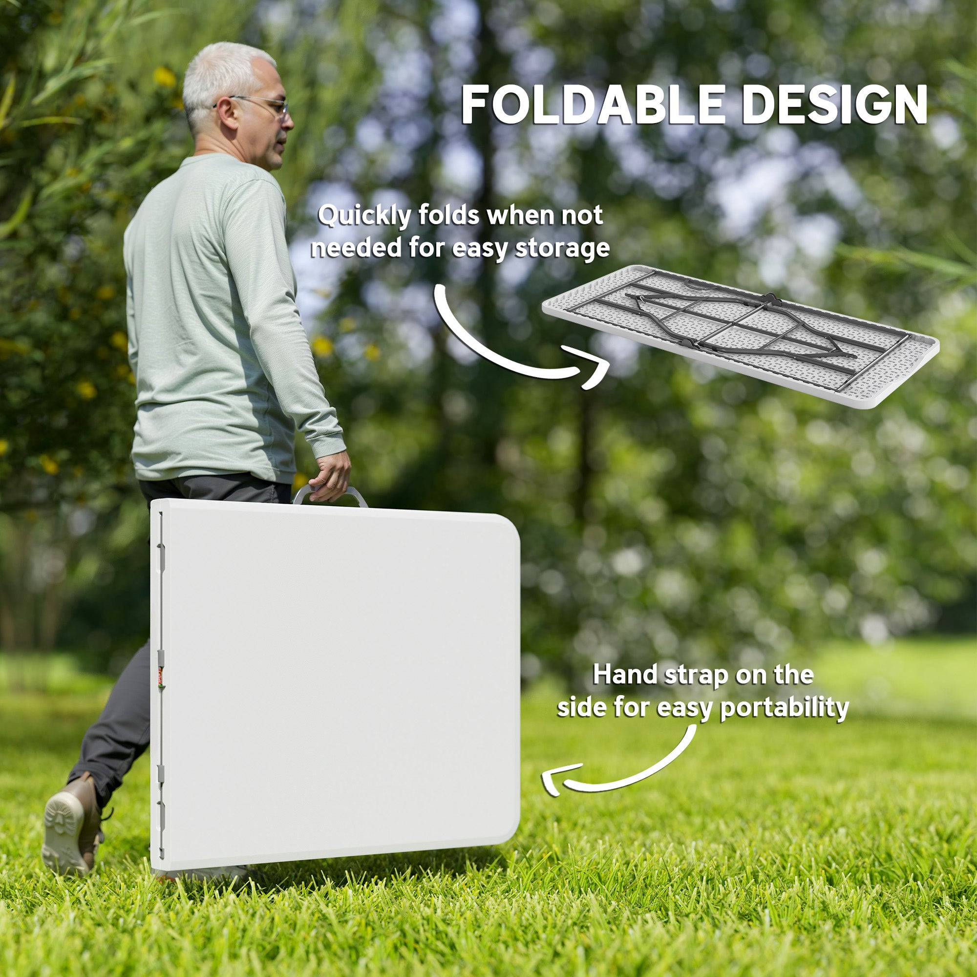 Outsunny 6ft Folding Table, Portable Plastic Camping Table with Carrying Handle, Outdoor Indoor Picnic Table for Camping, Picnic, Party, BBQ, White