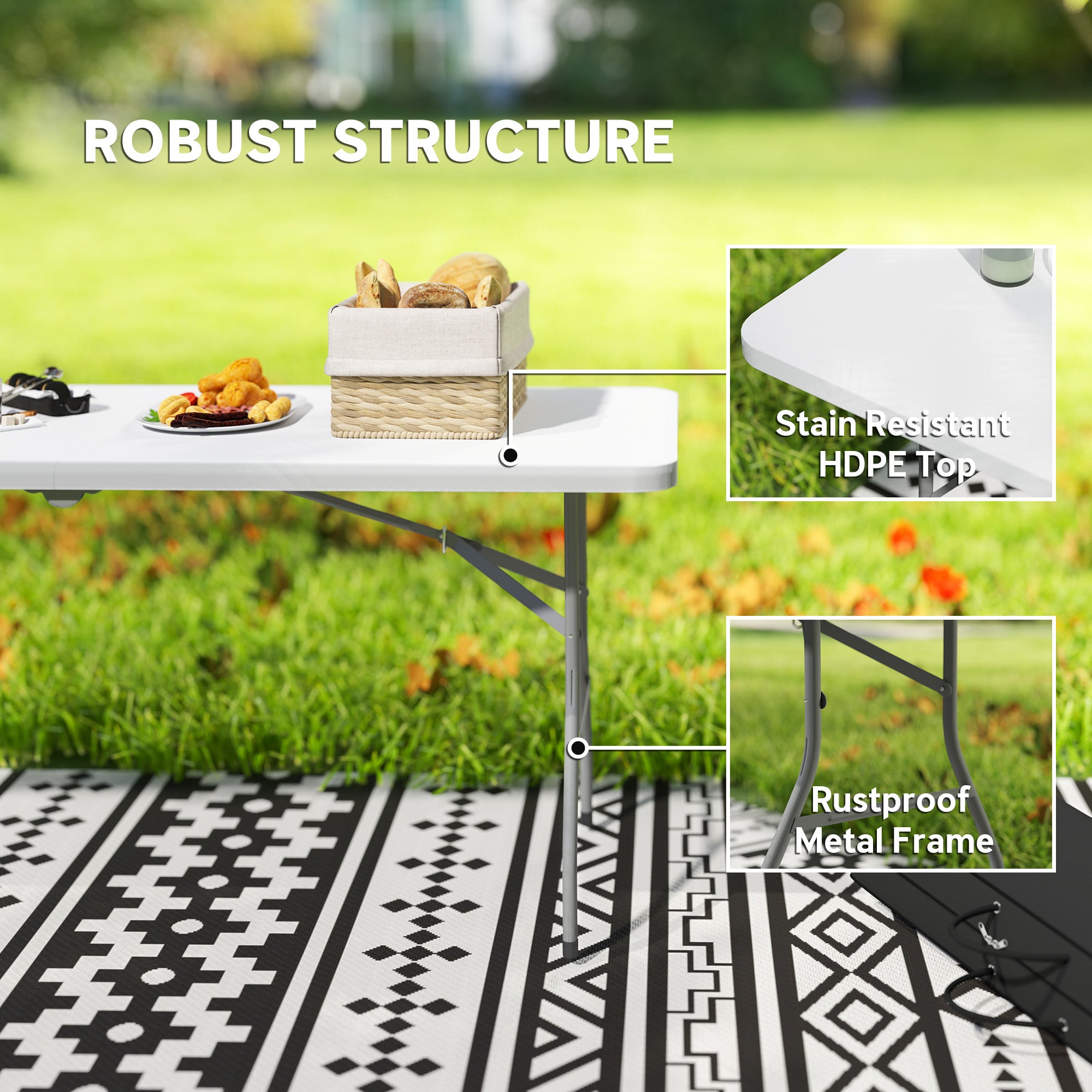 Outsunny 6ft Folding Table, Portable Plastic Camping Table with Carrying Handle, Outdoor Indoor Picnic Table for Camping, Picnic, Party, BBQ, White