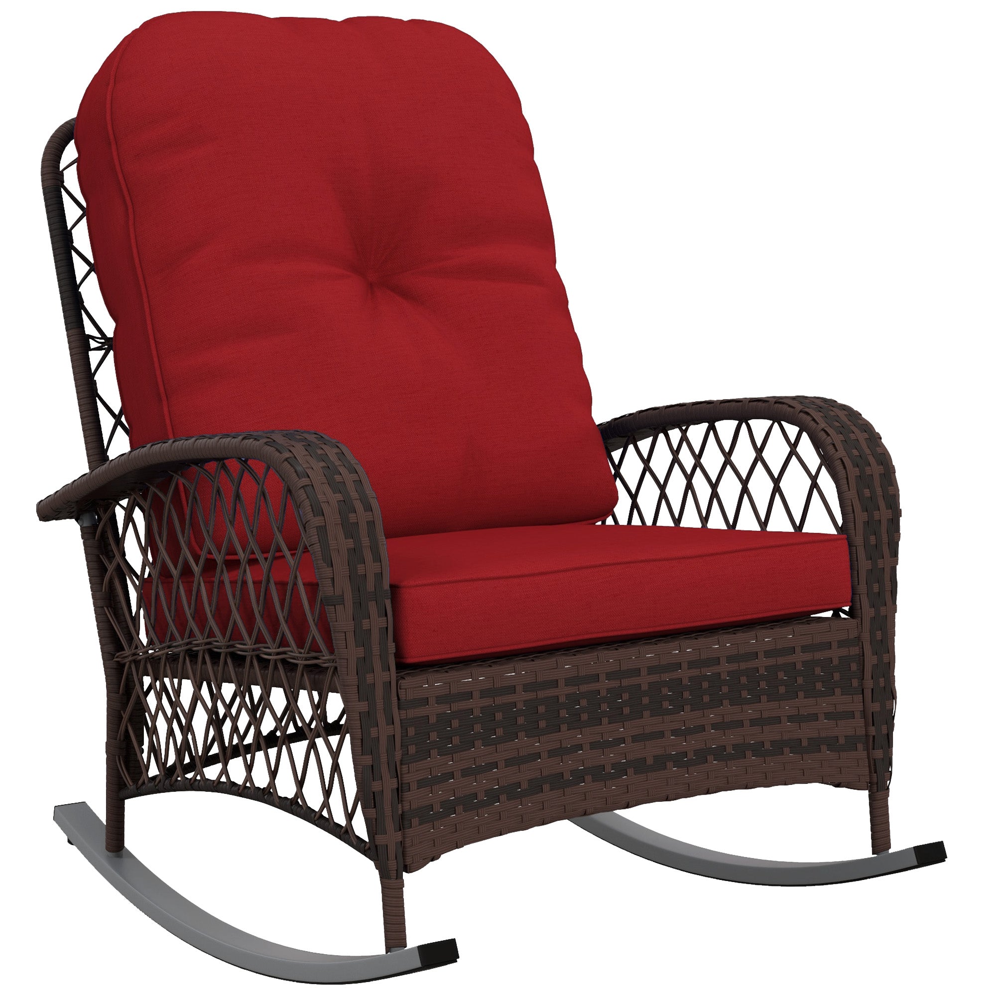 Outsunny Rattan Rocking Chair, Outdoor Wicker Patio Rocker Chair Furniture with Thick Cushions, for Garden Backyard Porch, Red