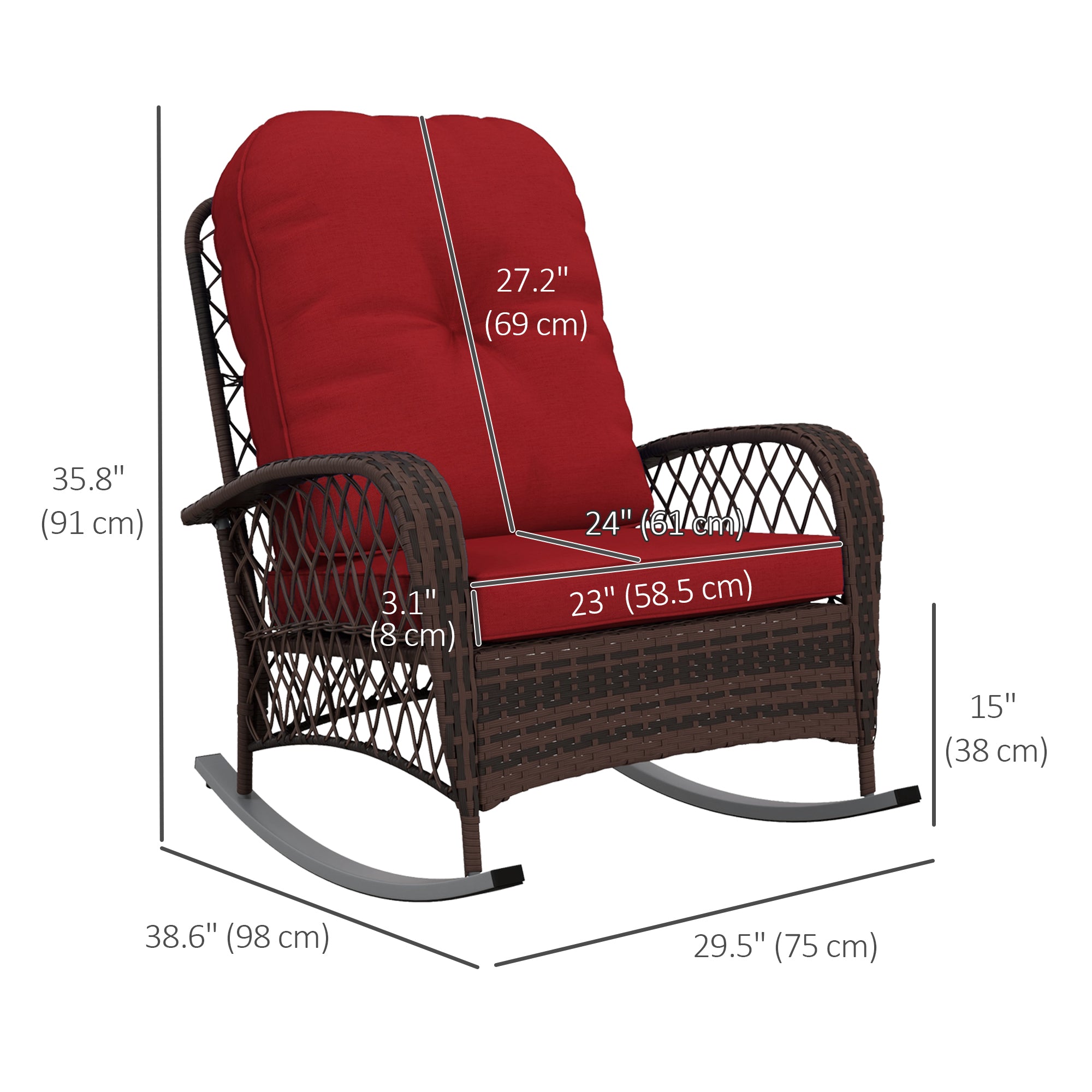 Outsunny Rattan Rocking Chair, Outdoor Wicker Patio Rocker Chair Furniture with Thick Cushions, for Garden Backyard Porch, Red