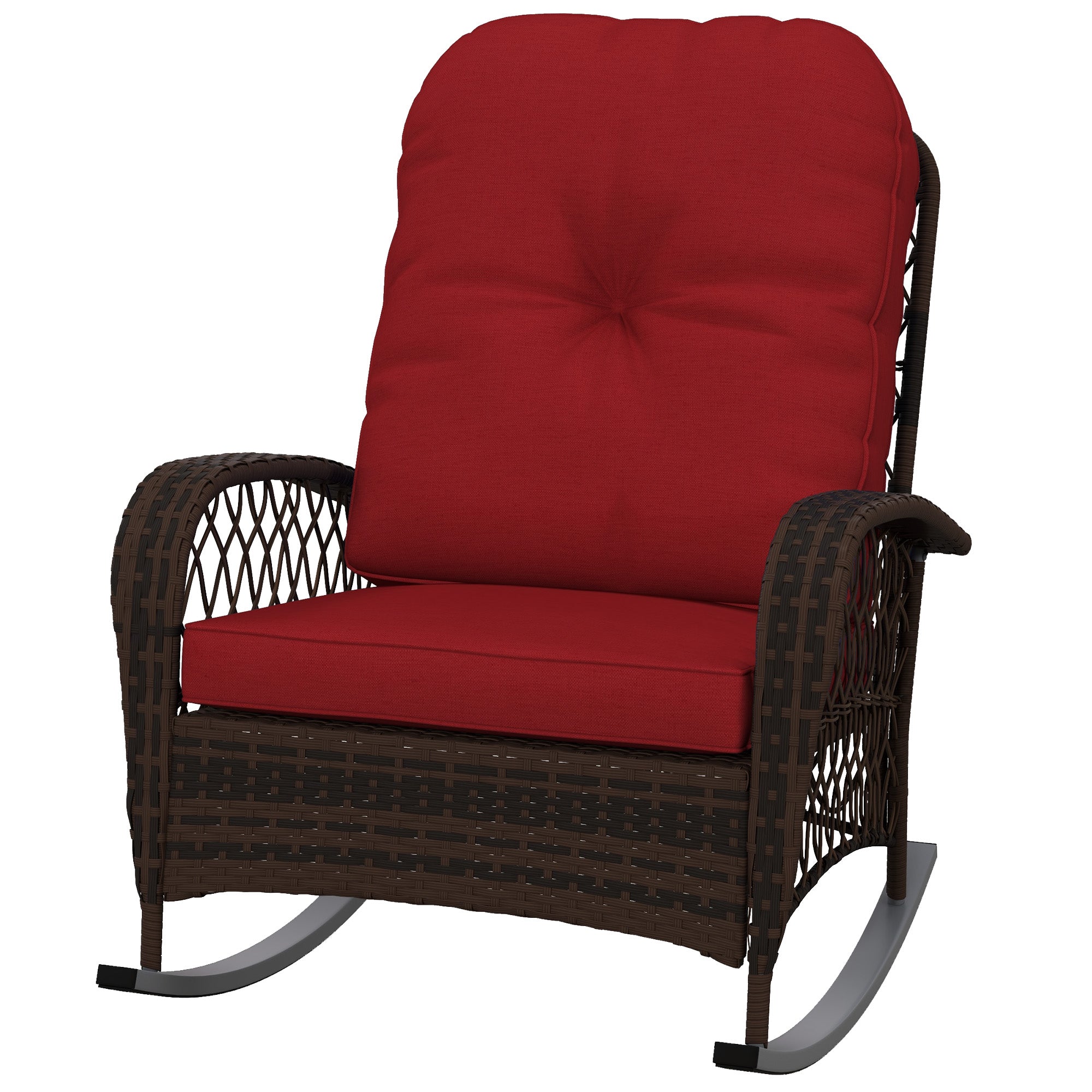 Outsunny Rattan Rocking Chair, Outdoor Wicker Patio Rocker Chair Furniture with Thick Cushions, for Garden Backyard Porch, Red