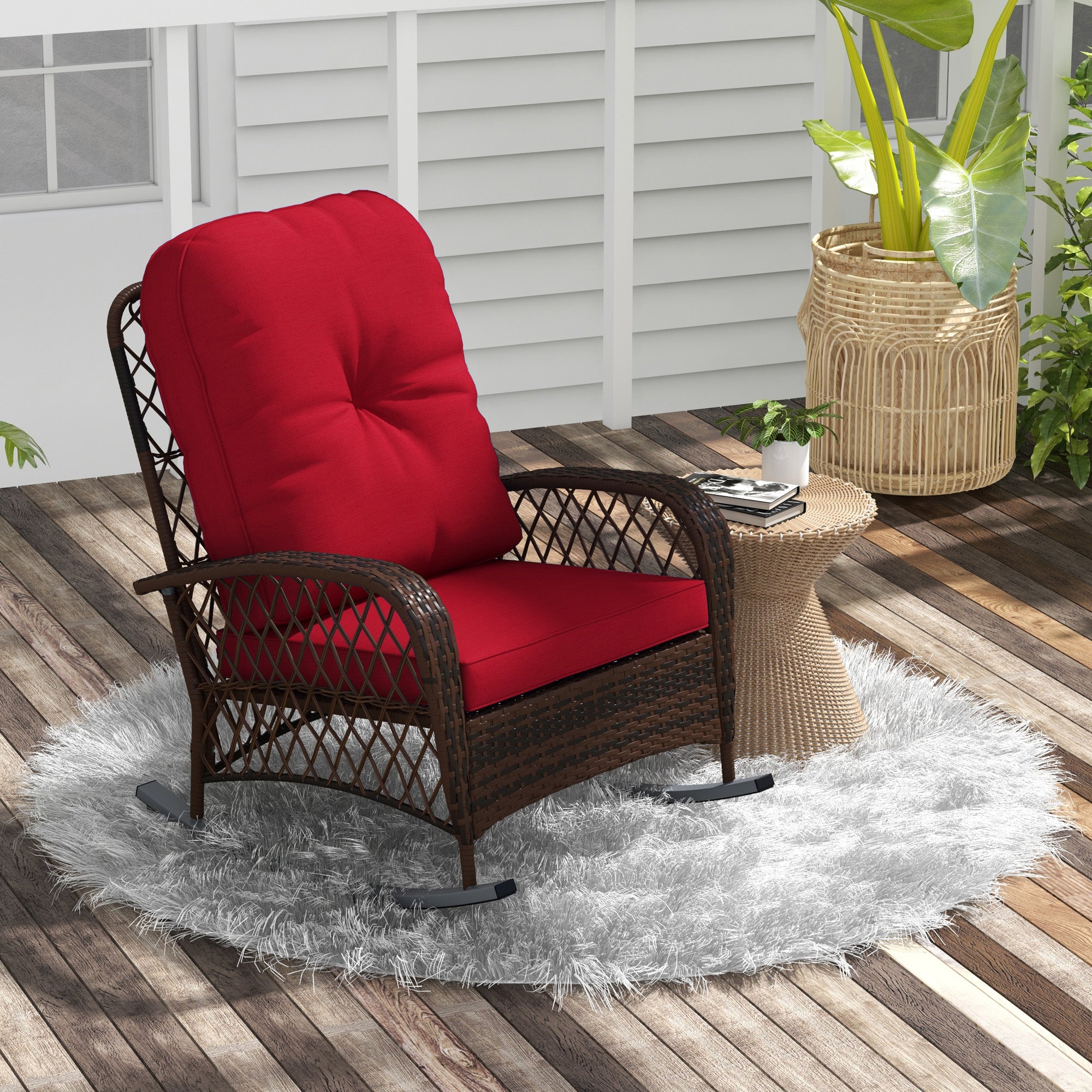 Outsunny Rattan Rocking Chair, Outdoor Wicker Patio Rocker Chair Furniture with Thick Cushions, for Garden Backyard Porch, Red