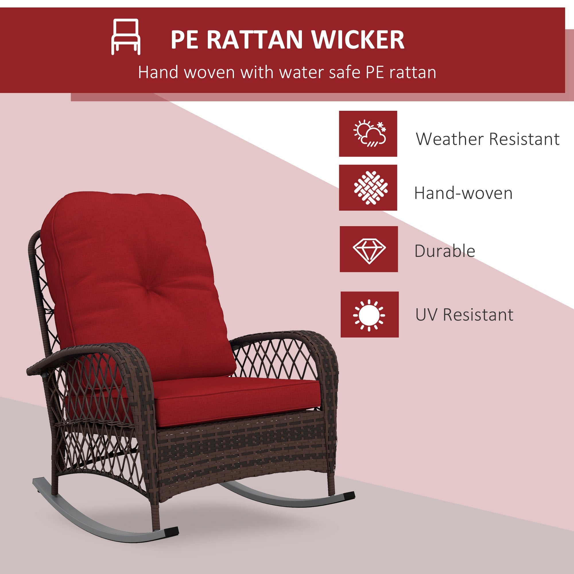 Outsunny Rattan Rocking Chair, Outdoor Wicker Patio Rocker Chair Furniture with Thick Cushions, for Garden Backyard Porch, Red