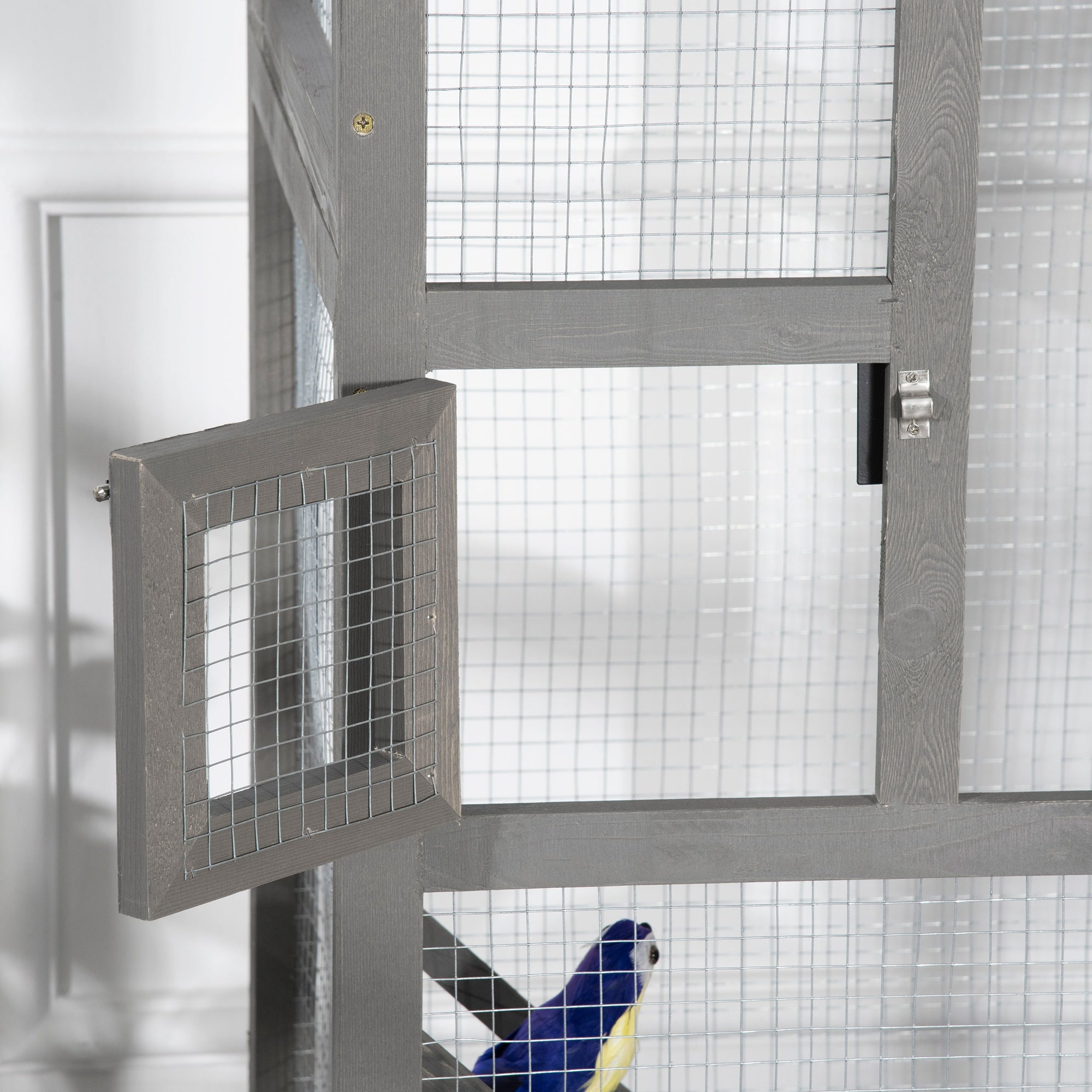 PawHut 65" Wooden Bird Cage Outdoor Aviary House for Parrot, Parakeet, with Pull Out Tray and 2 Doors, Grey