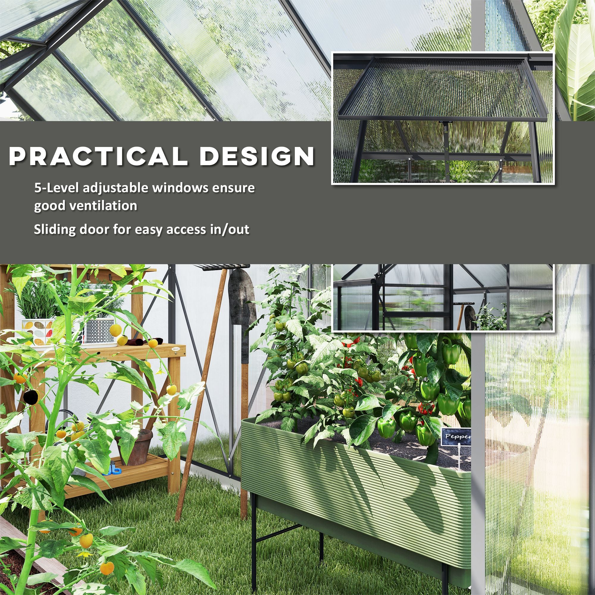 Outsunny 6' x 8' x 6.5' Polycarbonate Greenhouse, Walk-in Green House with Adjustable Roof Vent Galvanized Base Sliding Door Rain Gutter for Outdoor Garden Backyard, Charcoal Grey