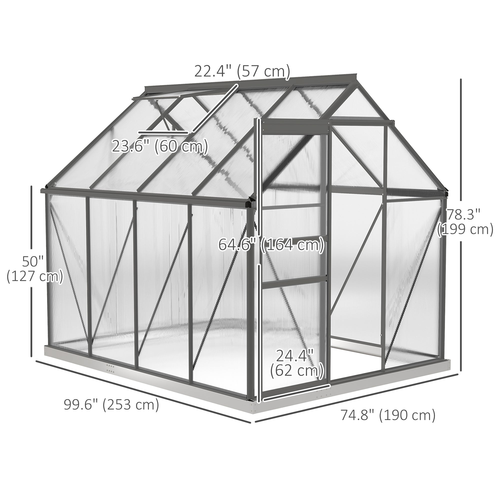 Outsunny 6' x 8' x 6.5' Polycarbonate Greenhouse, Walk-in Green House with Adjustable Roof Vent Galvanized Base Sliding Door Rain Gutter for Outdoor Garden Backyard, Charcoal Grey