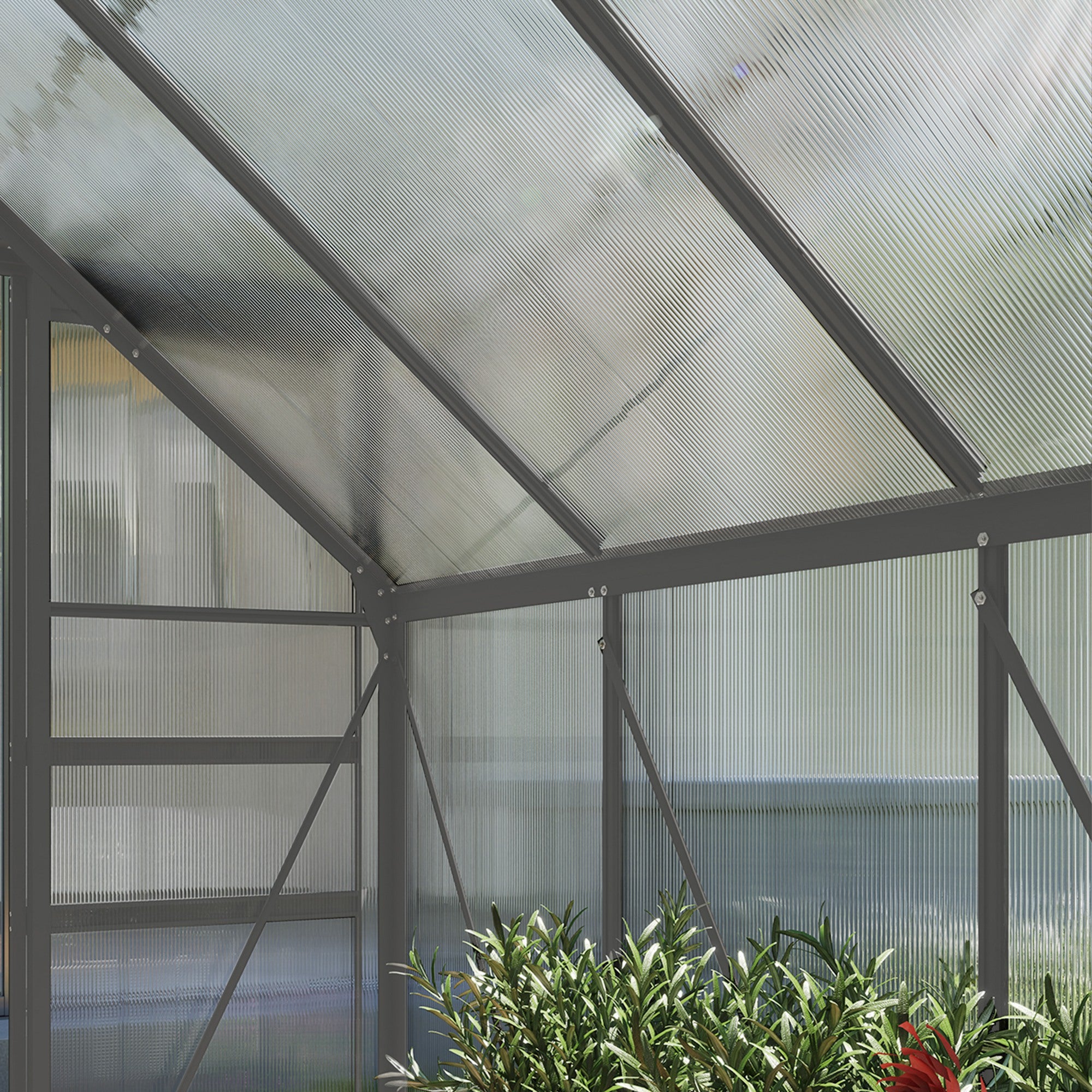 Outsunny 6' x 8' x 6.5' Polycarbonate Greenhouse, Walk-in Green House with Adjustable Roof Vent Galvanized Base Sliding Door Rain Gutter for Outdoor Garden Backyard, Charcoal Grey