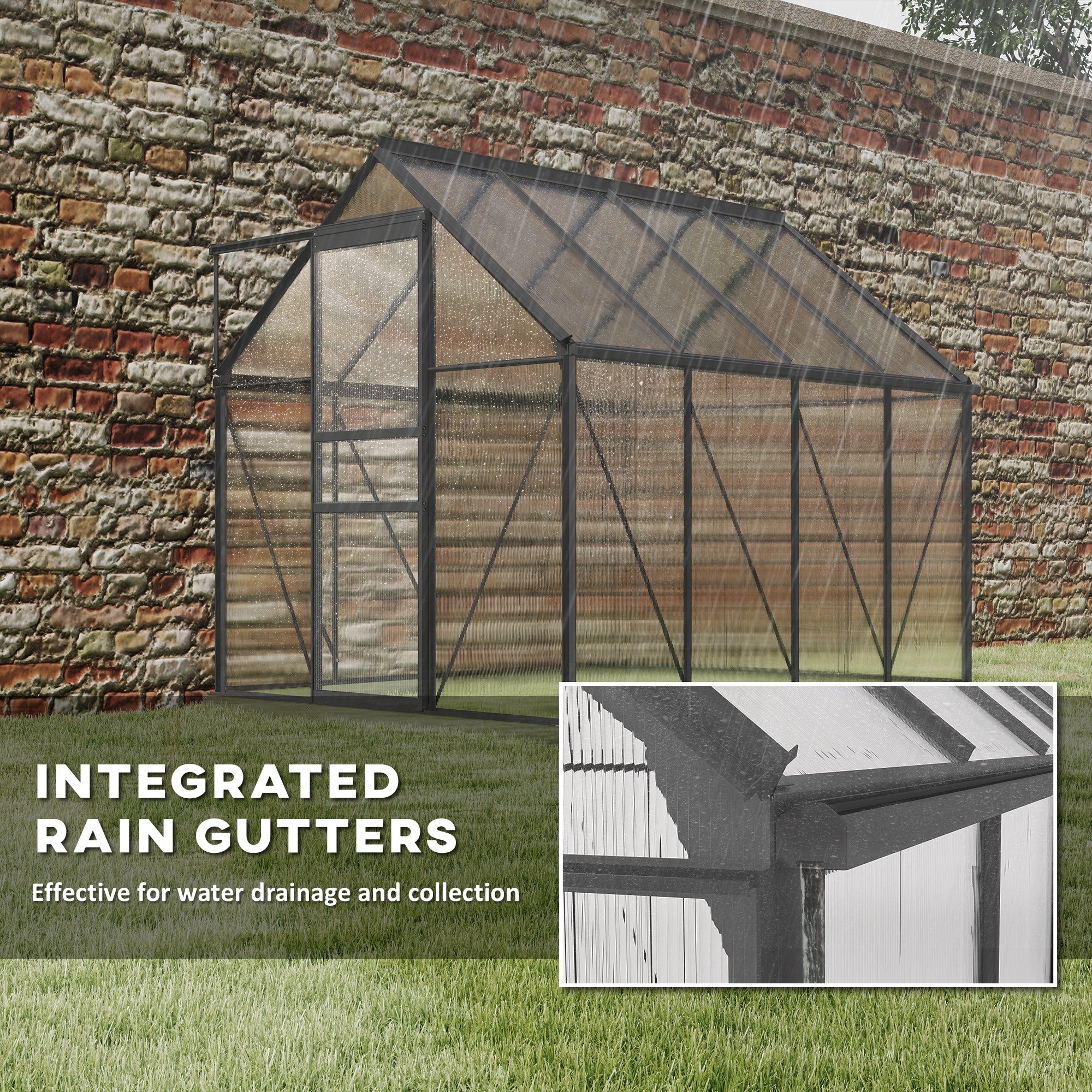 Outsunny 6' x 8' x 6.5' Polycarbonate Greenhouse, Walk-in Green House with Adjustable Roof Vent Galvanized Base Sliding Door Rain Gutter for Outdoor Garden Backyard, Charcoal Grey
