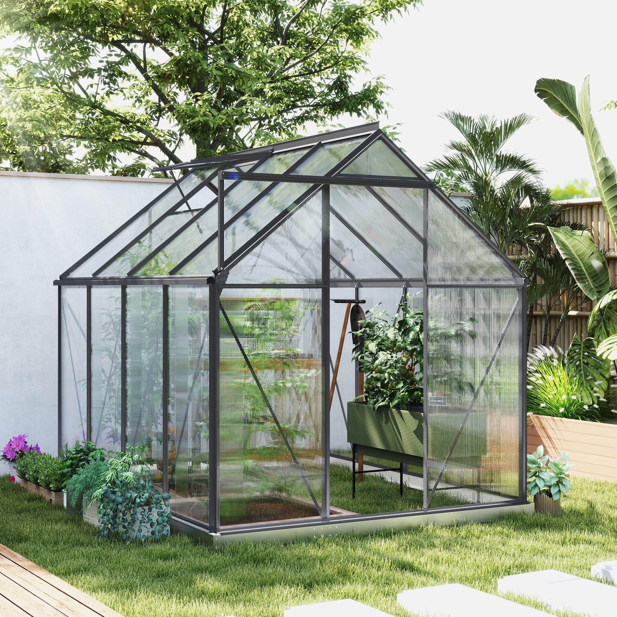 Outsunny 6' x 8' x 6.5' Polycarbonate Greenhouse, Walk-in Green House with Adjustable Roof Vent Galvanized Base Sliding Door Rain Gutter for Outdoor Garden Backyard, Charcoal Grey
