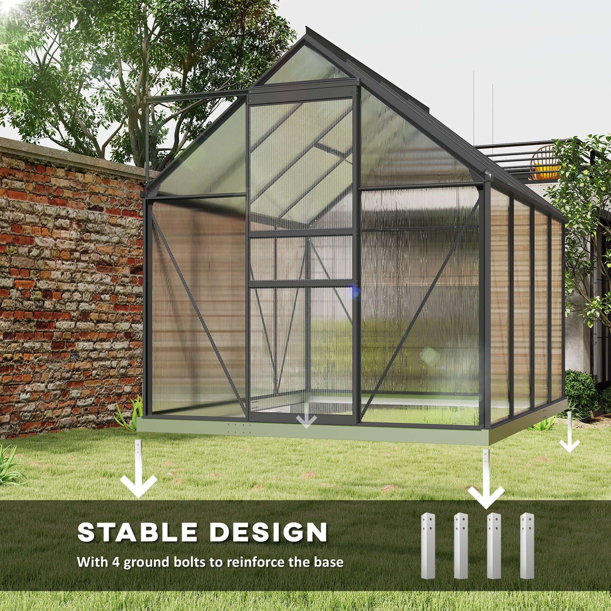 Outsunny 6' x 8' x 6.5' Polycarbonate Greenhouse, Walk-in Green House with Adjustable Roof Vent Galvanized Base Sliding Door Rain Gutter for Outdoor Garden Backyard, Charcoal Grey