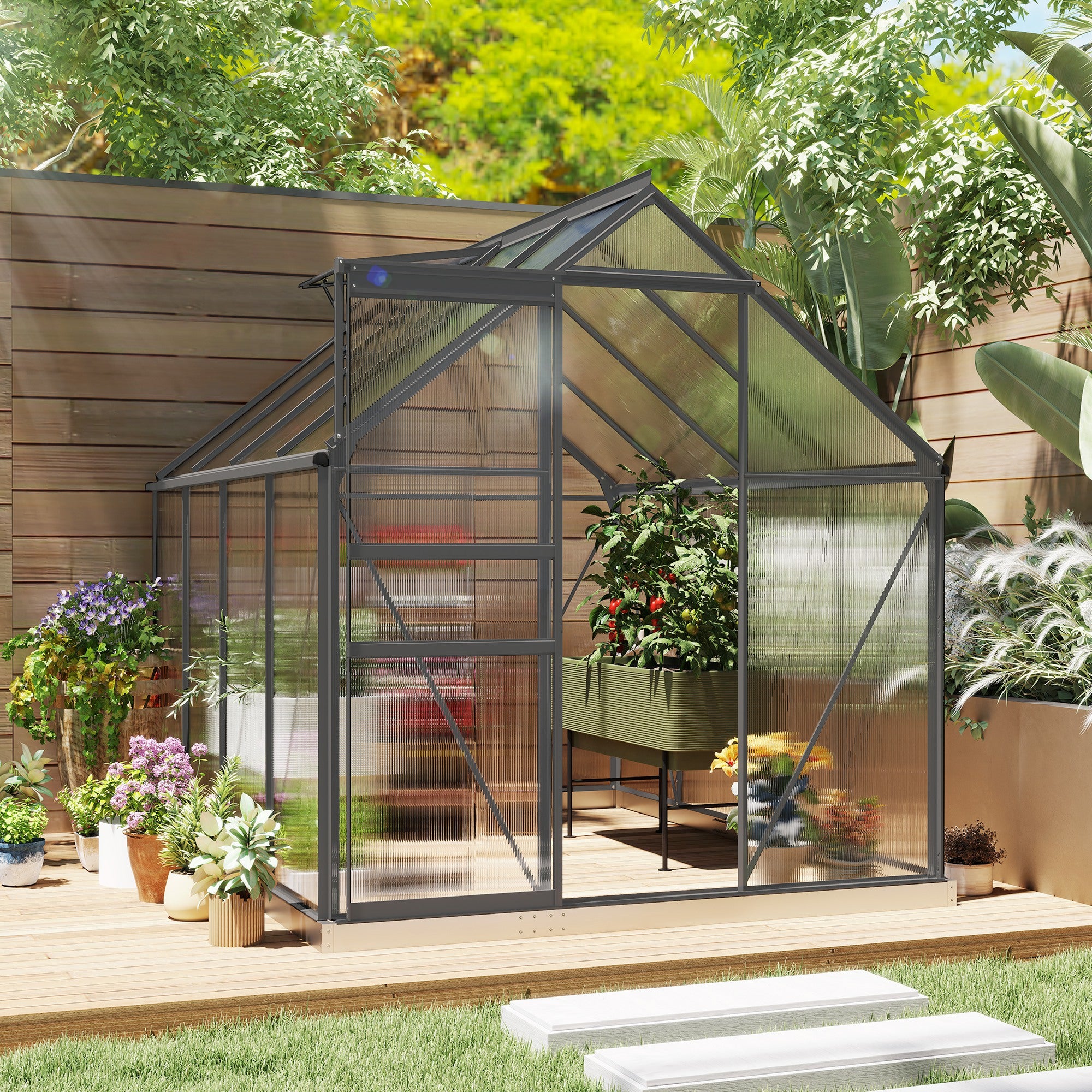 Outsunny 6' x 8' x 6.5' Polycarbonate Greenhouse, Walk-in Green House with Adjustable Roof Vent Galvanized Base Sliding Door Rain Gutter for Outdoor Garden Backyard, Charcoal Grey