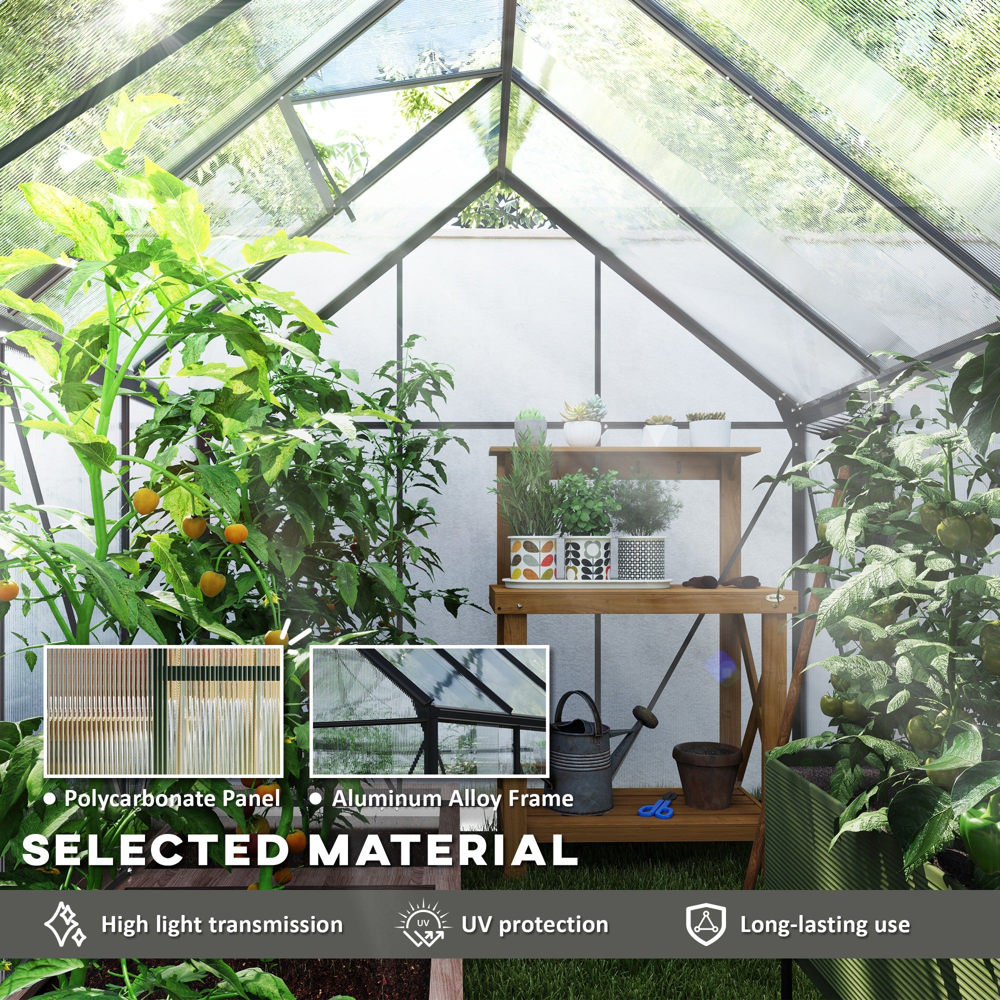Outsunny 6' x 8' x 6.5' Polycarbonate Greenhouse, Walk-in Green House with Adjustable Roof Vent Galvanized Base Sliding Door Rain Gutter for Outdoor Garden Backyard, Charcoal Grey
