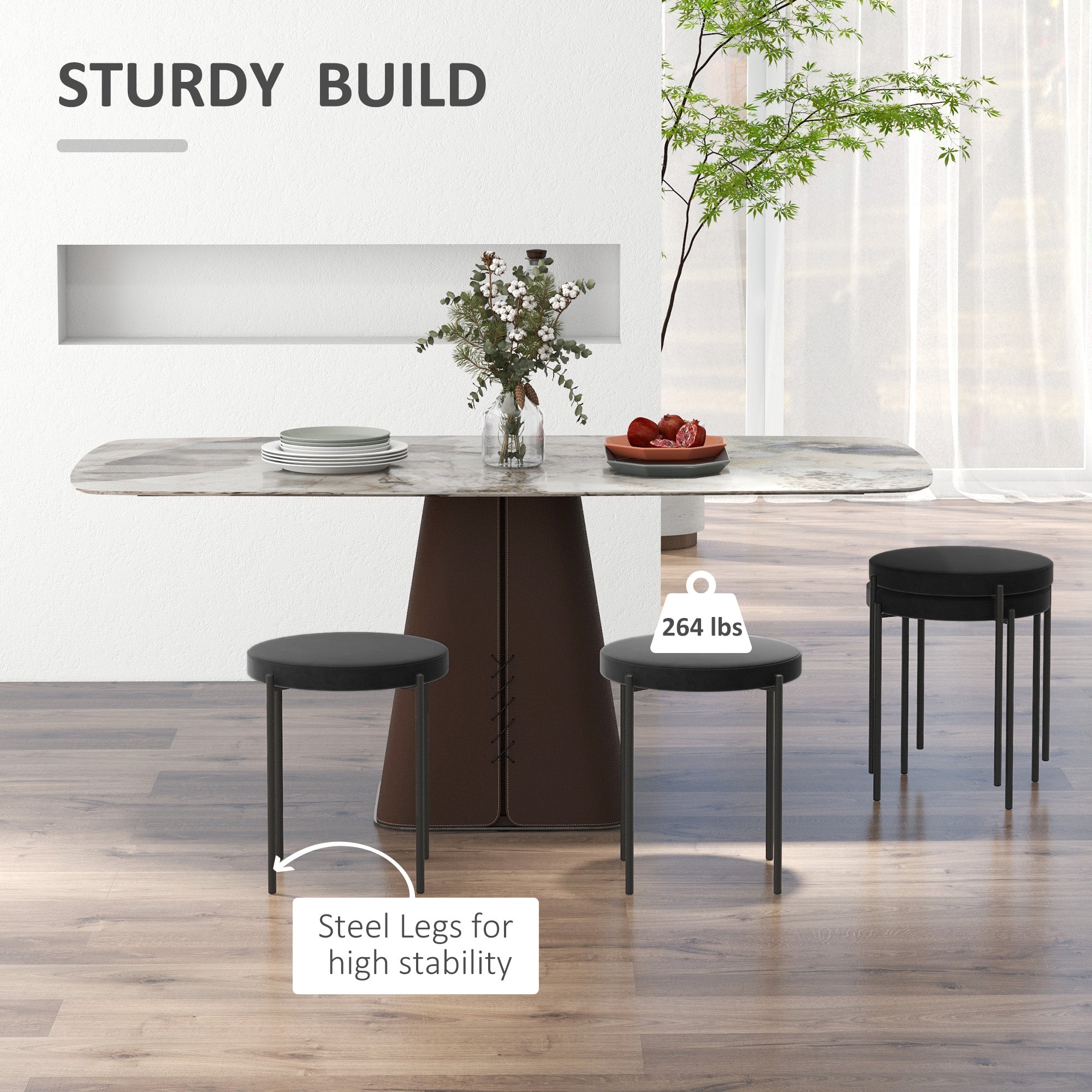 HOMCOM Modern Stacking Stools Set of 4, Backless Round Dining Chairs, Velvet-Touch Upholstered Accent Side Chairs with Metal Legs for Kitchen, Black