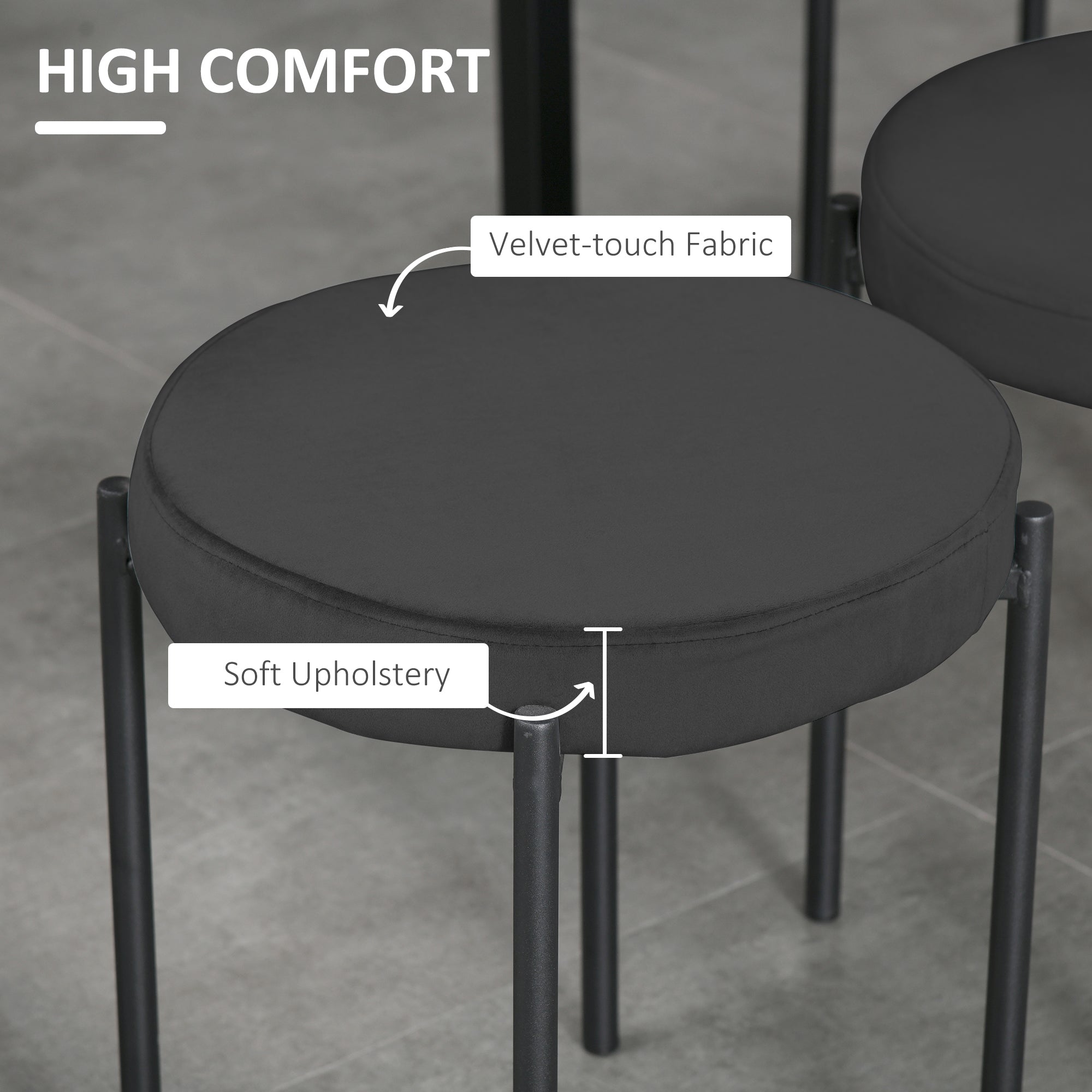HOMCOM Modern Stacking Stools Set of 4, Backless Round Dining Chairs, Velvet-Touch Upholstered Accent Side Chairs with Metal Legs for Kitchen, Black