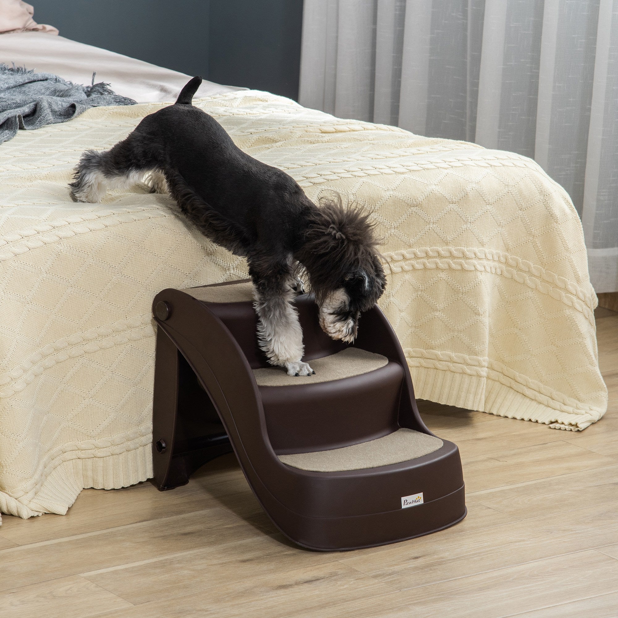 PawHut Foldable Pet Stairs Portable Dog Steps 3-Step Design with Non-slip Mats for High Beds, Sofas, 49 x 38 x 38 cm, Brown