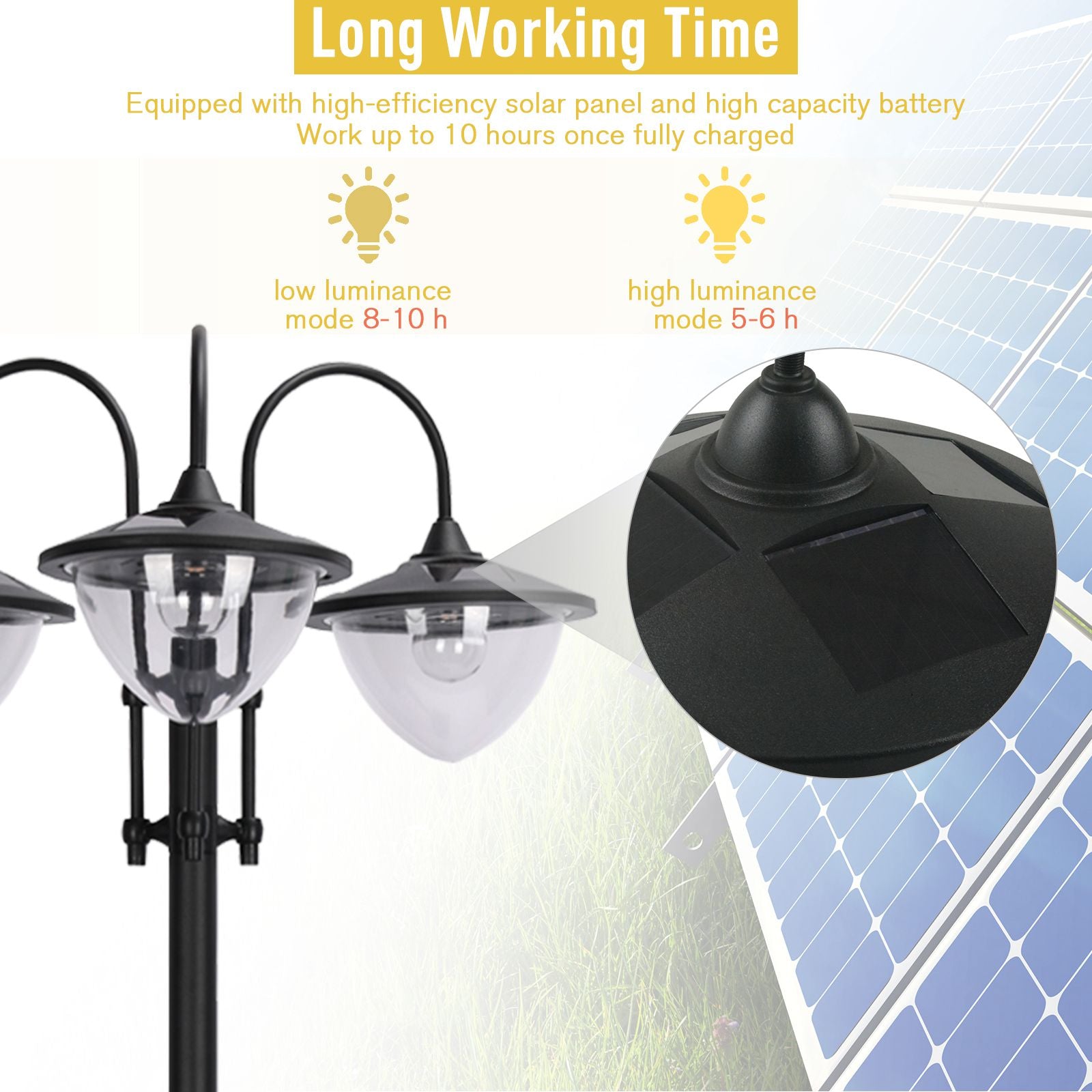 Outsunny 3-head LED Solar Light Lamp Street Light Post with Planter, Solar-powered Lamp Post, Black