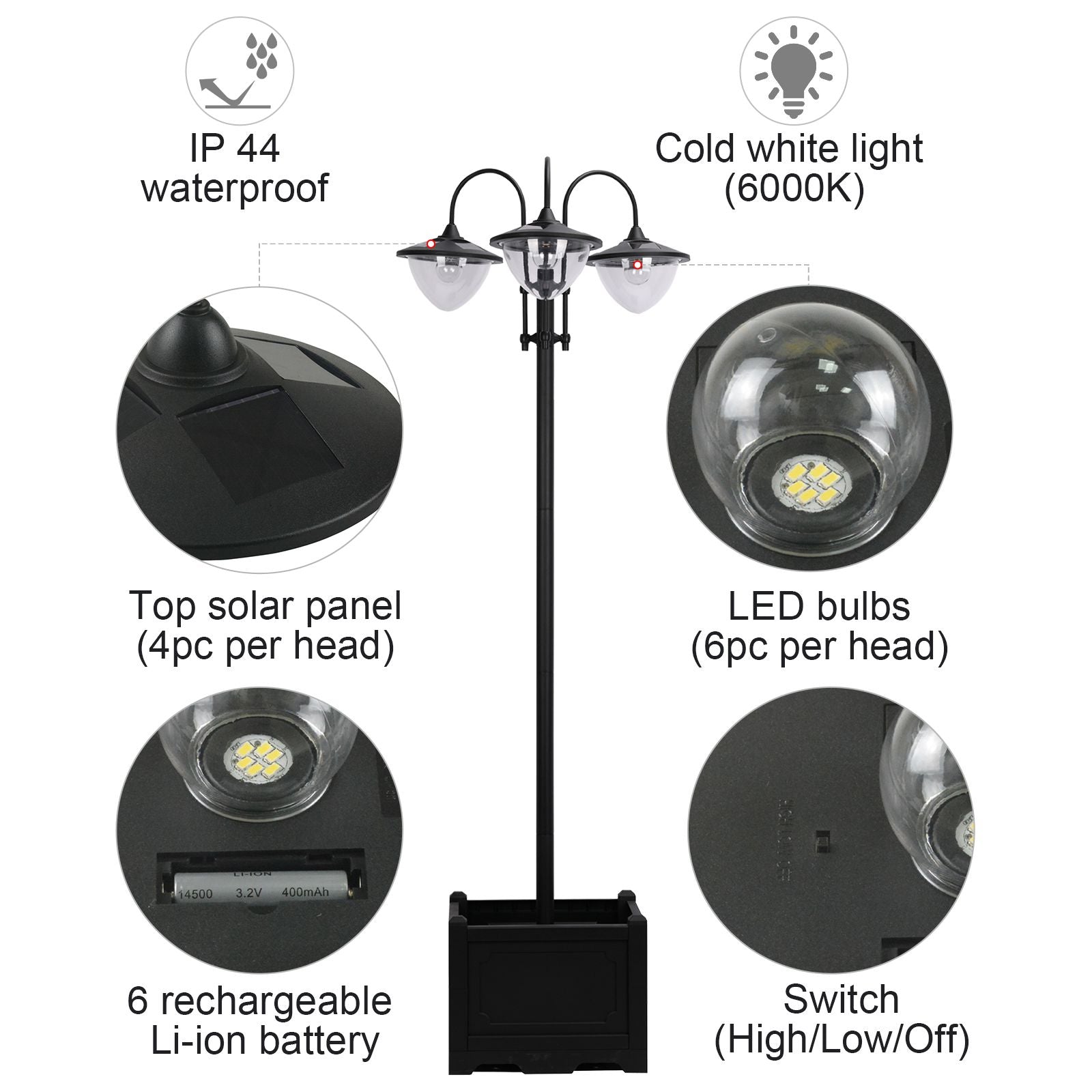 Outsunny 3-head LED Solar Light Lamp Street Light Post with Planter, Solar-powered Lamp Post, Black