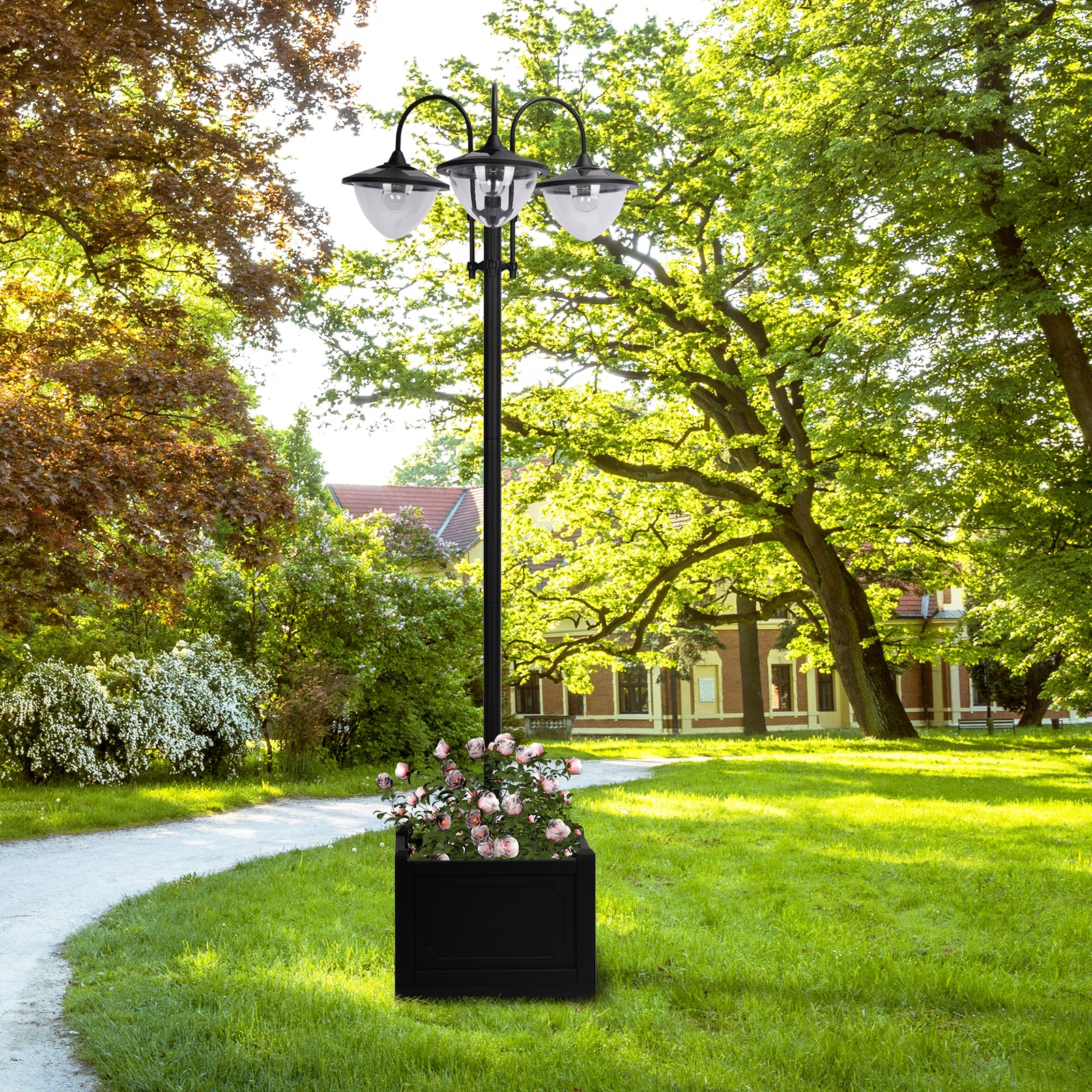 Outsunny 3-head LED Solar Light Lamp Street Light Post with Planter, Solar-powered Lamp Post, Black