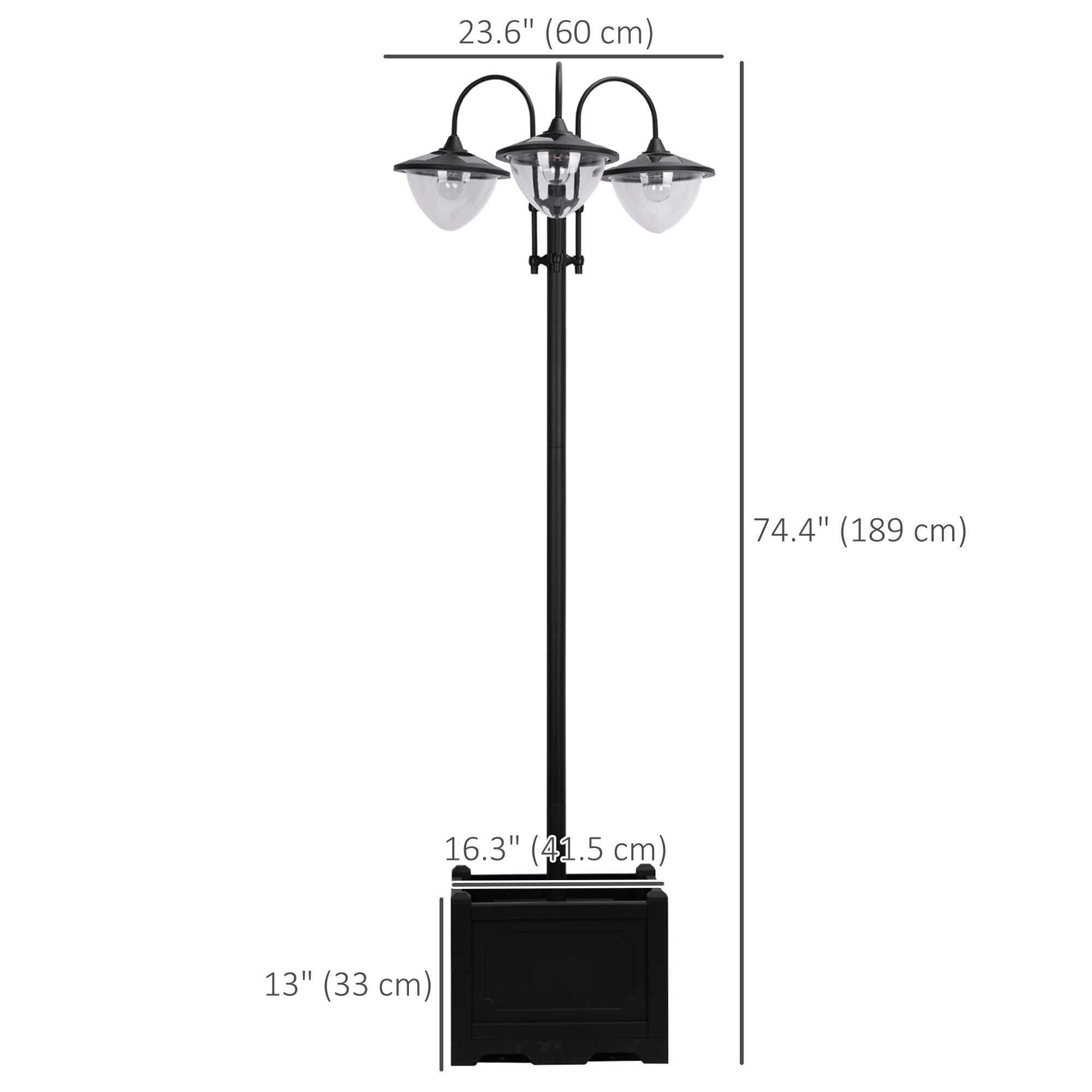 Outsunny 3-head LED Solar Light Lamp Street Light Post with Planter, Solar-powered Lamp Post, Black
